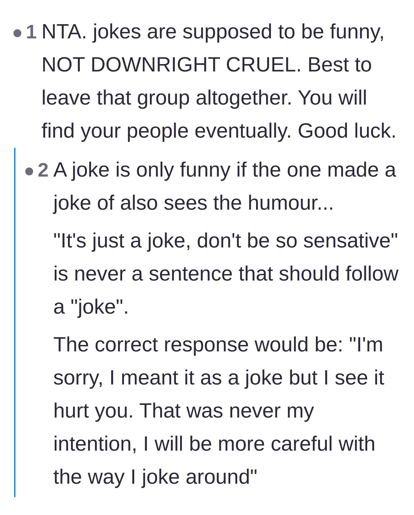 Comment thread 3 - A discussion on how true jokes shouldn't be cruel and require both parties to laugh.