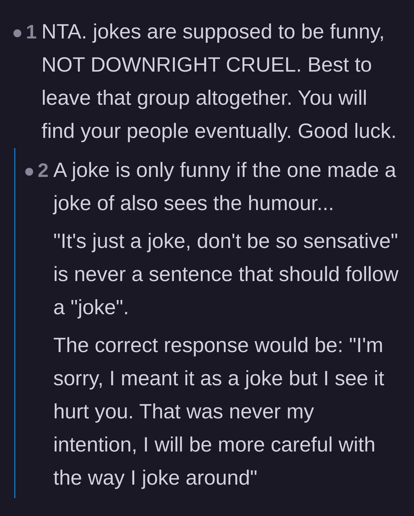 Comment thread 3 - A discussion on how true jokes shouldn't be cruel and require both parties to laugh.