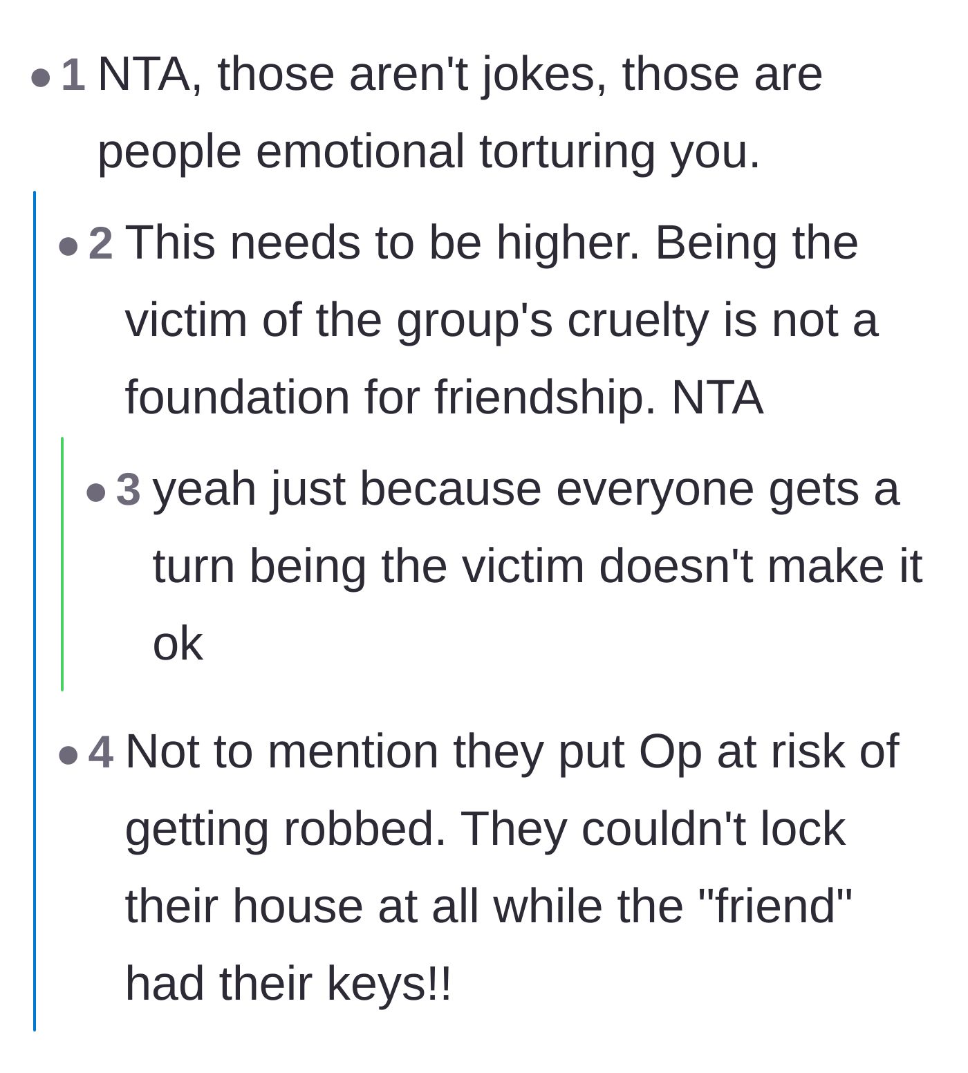 Comment thread 4 - Pointing out that hiding the keys was emotional torture and put the main character in physical danger.