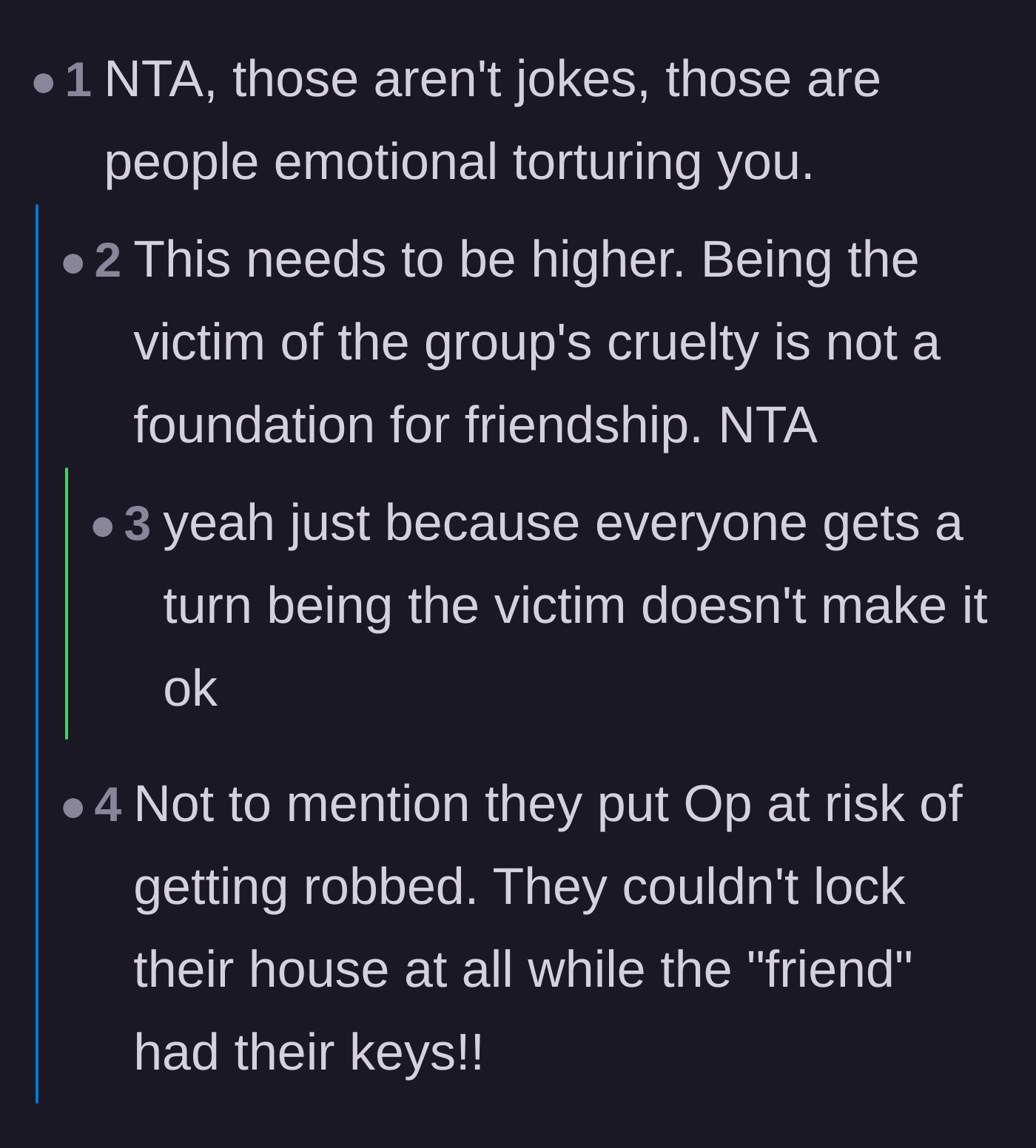 Comment thread 4 - Pointing out that hiding the keys was emotional torture and put the main character in physical danger.