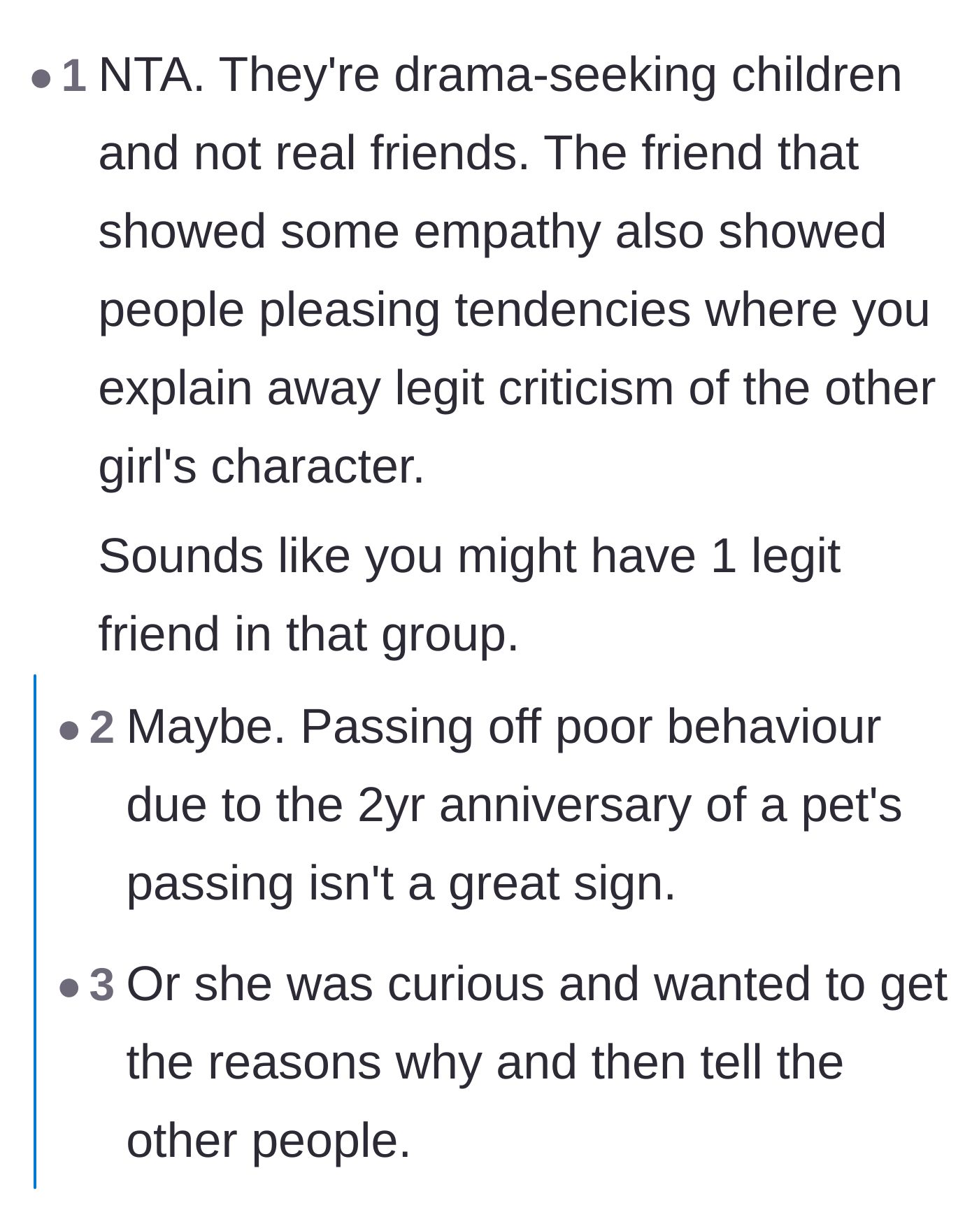 Comment thread 5 - Analyzing the so-called 'nice' friend as a people-pleaser or a flying monkey gathering gossip.