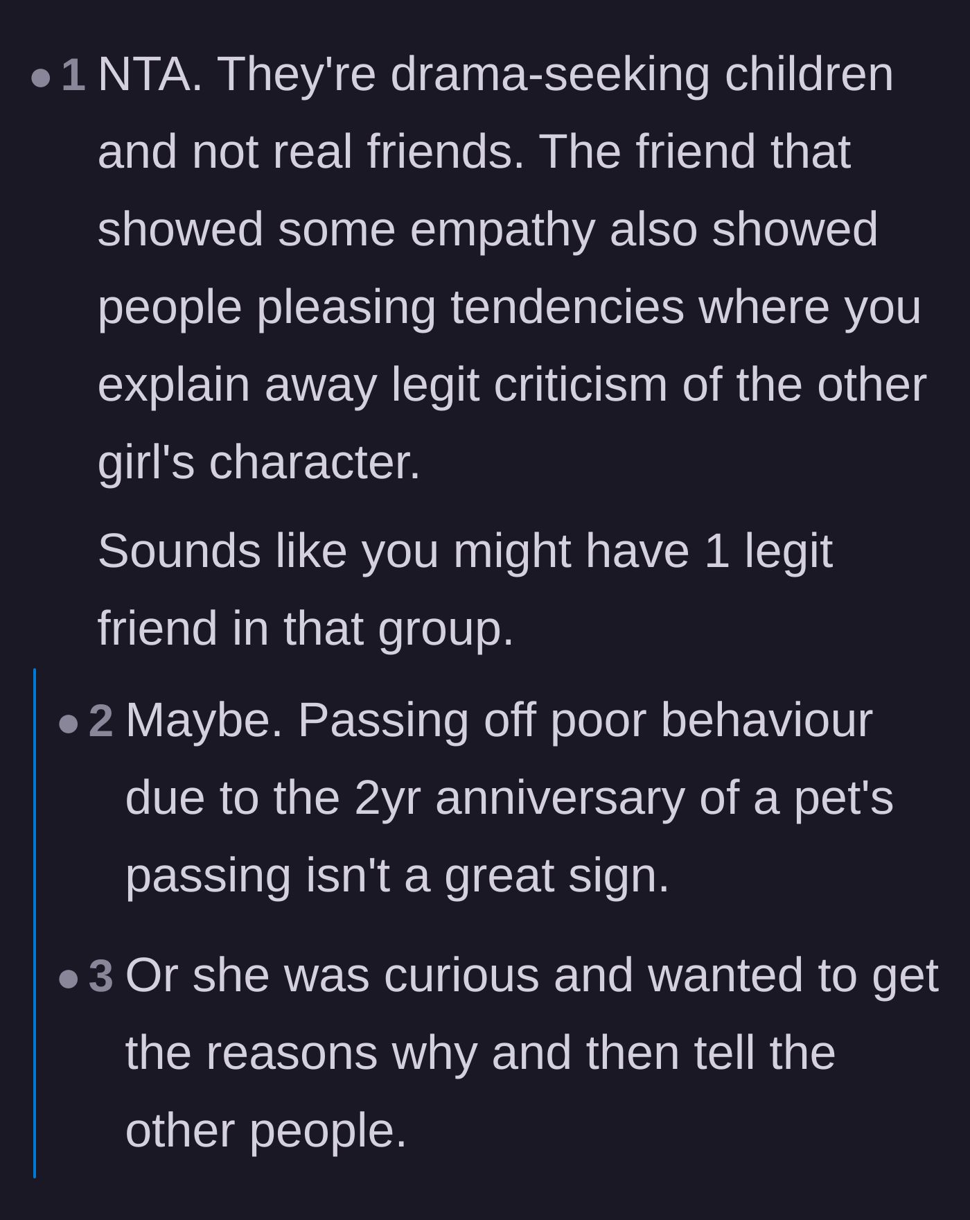 Comment thread 5 - Analyzing the so-called 'nice' friend as a people-pleaser or a flying monkey gathering gossip.