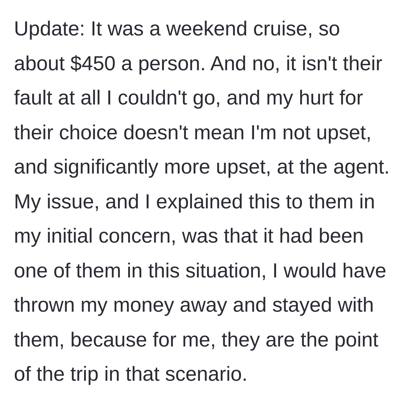 Story part 6 - Clarifying the low cost of the cruise and reiterating the true meaning of loyalty.