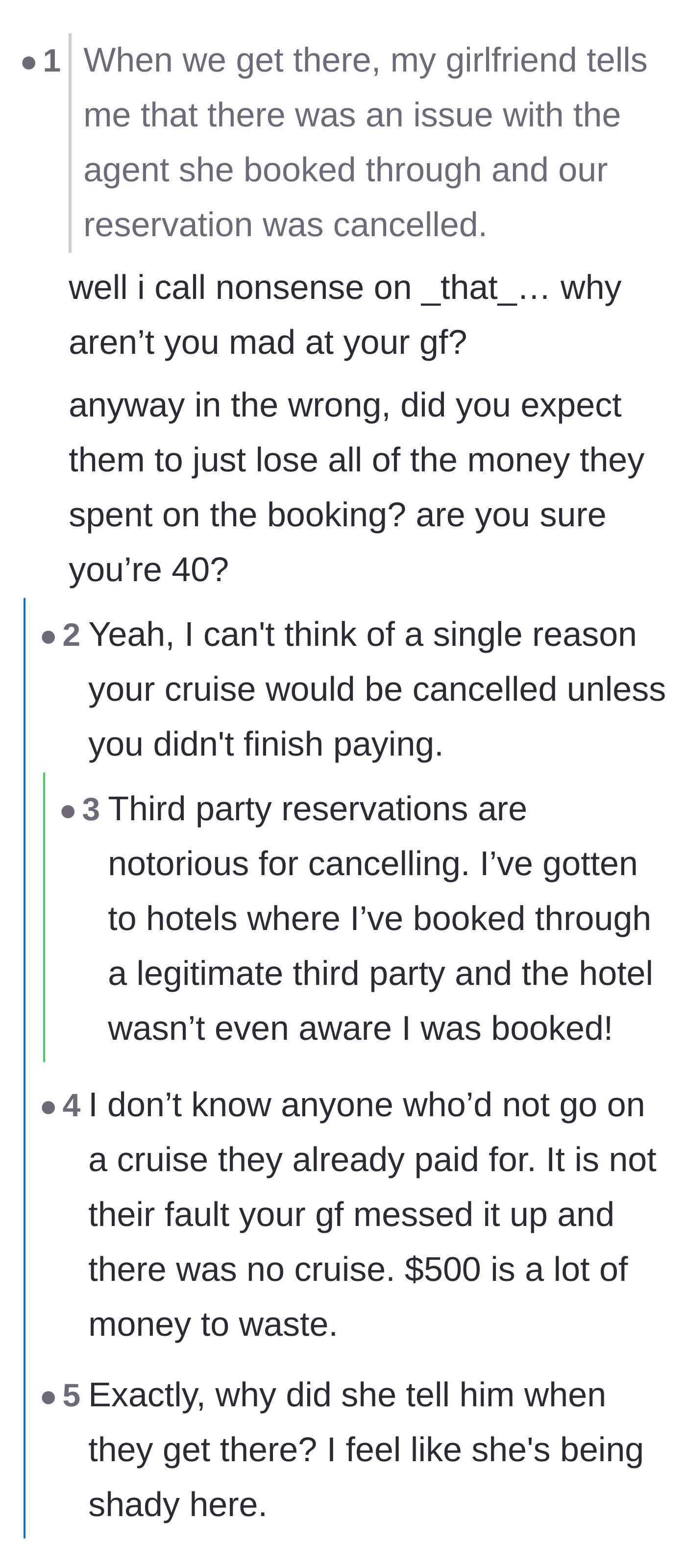 Comment thread 1 - Readers debating whether the girlfriend is secretly to blame for the mysteriously cancelled reservation.