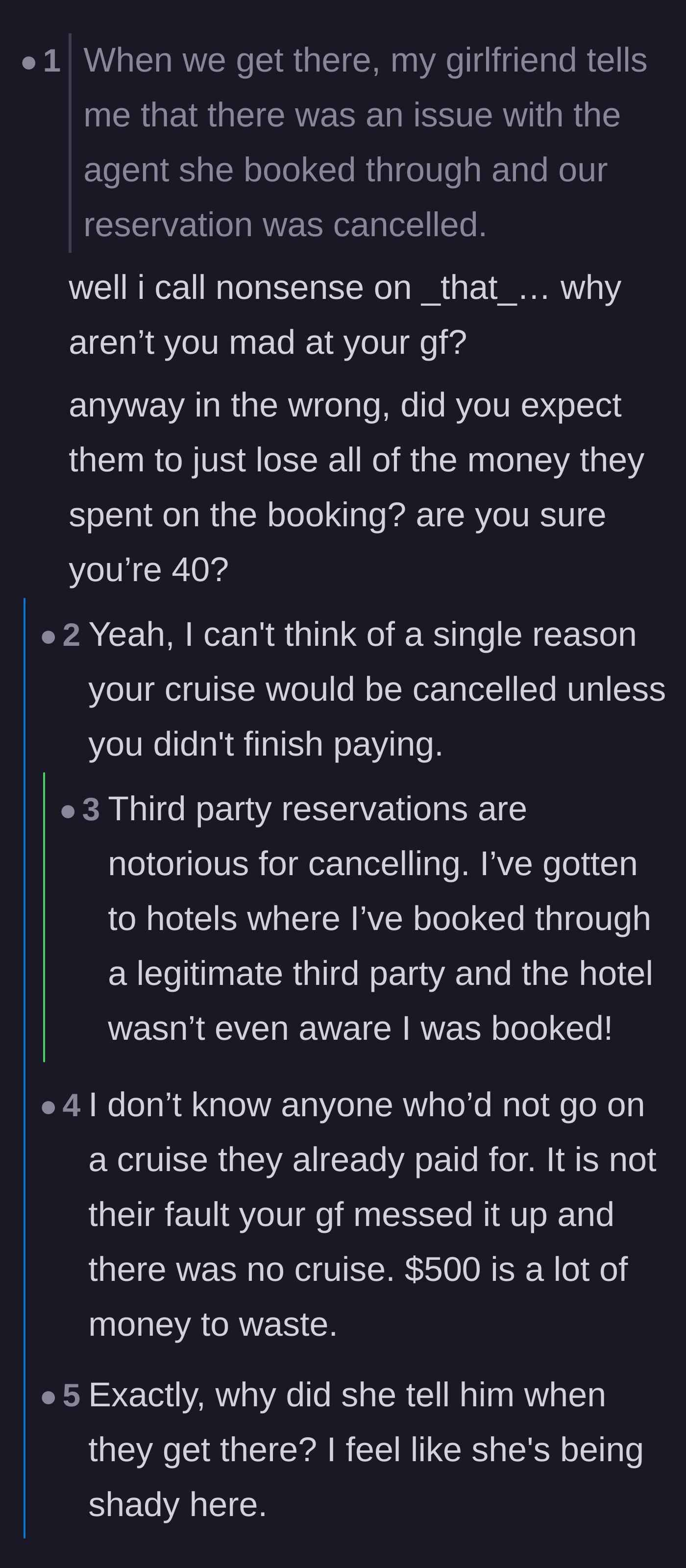 Comment thread 1 - Readers debating whether the girlfriend is secretly to blame for the mysteriously cancelled reservation.