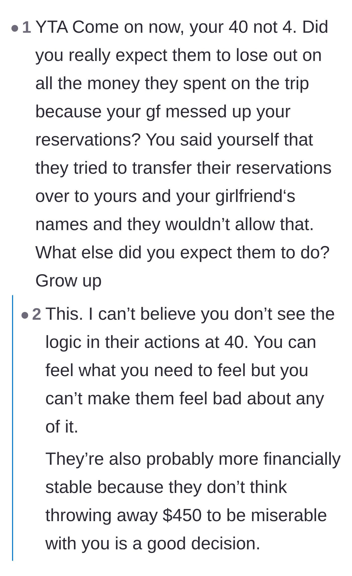 Comment thread 2 - Commenters calling out the main character for expecting his friends to waste hundreds of dollars.