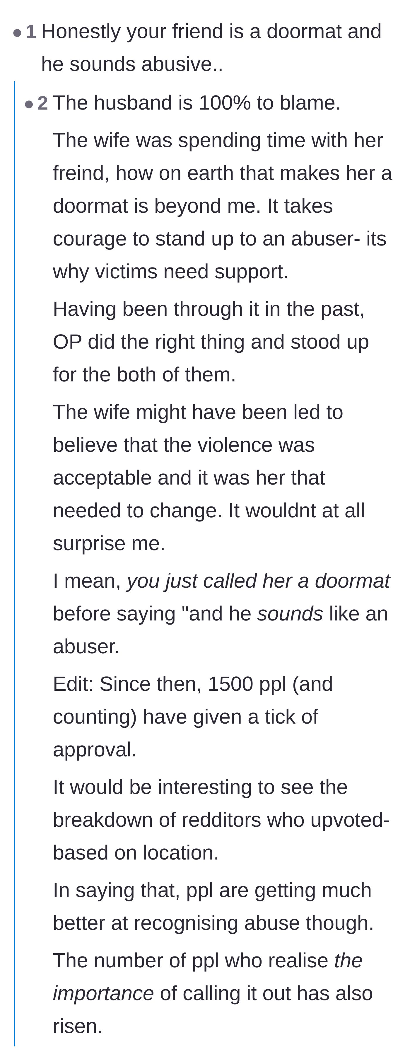 Comment thread 1 - A deep discussion about how emotional abuse conditions victims to accept terrible treatment, and why the 'doormat' label is controversial.