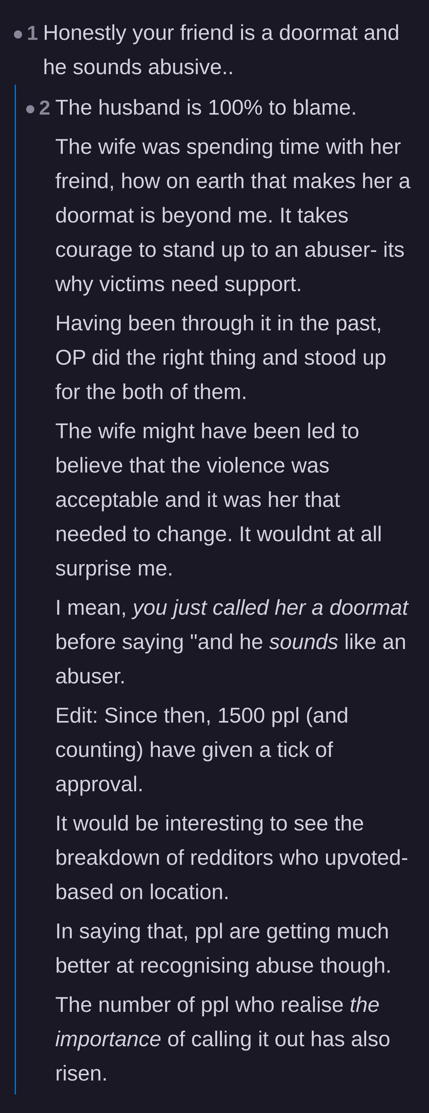 Comment thread 1 - A deep discussion about how emotional abuse conditions victims to accept terrible treatment, and why the 'doormat' label is controversial.