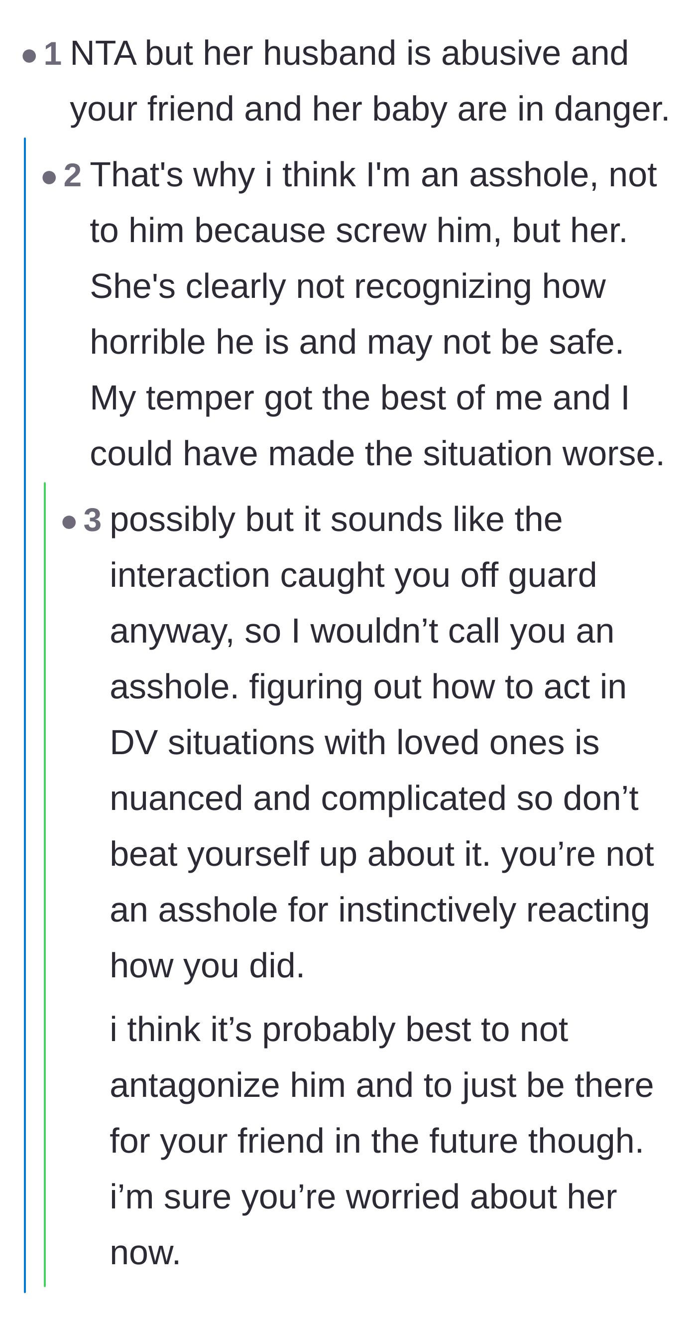 Comment thread 5 - Reassurance for the author who felt guilty about potentially escalating the situation, noting that staying silent only protects the abuser.