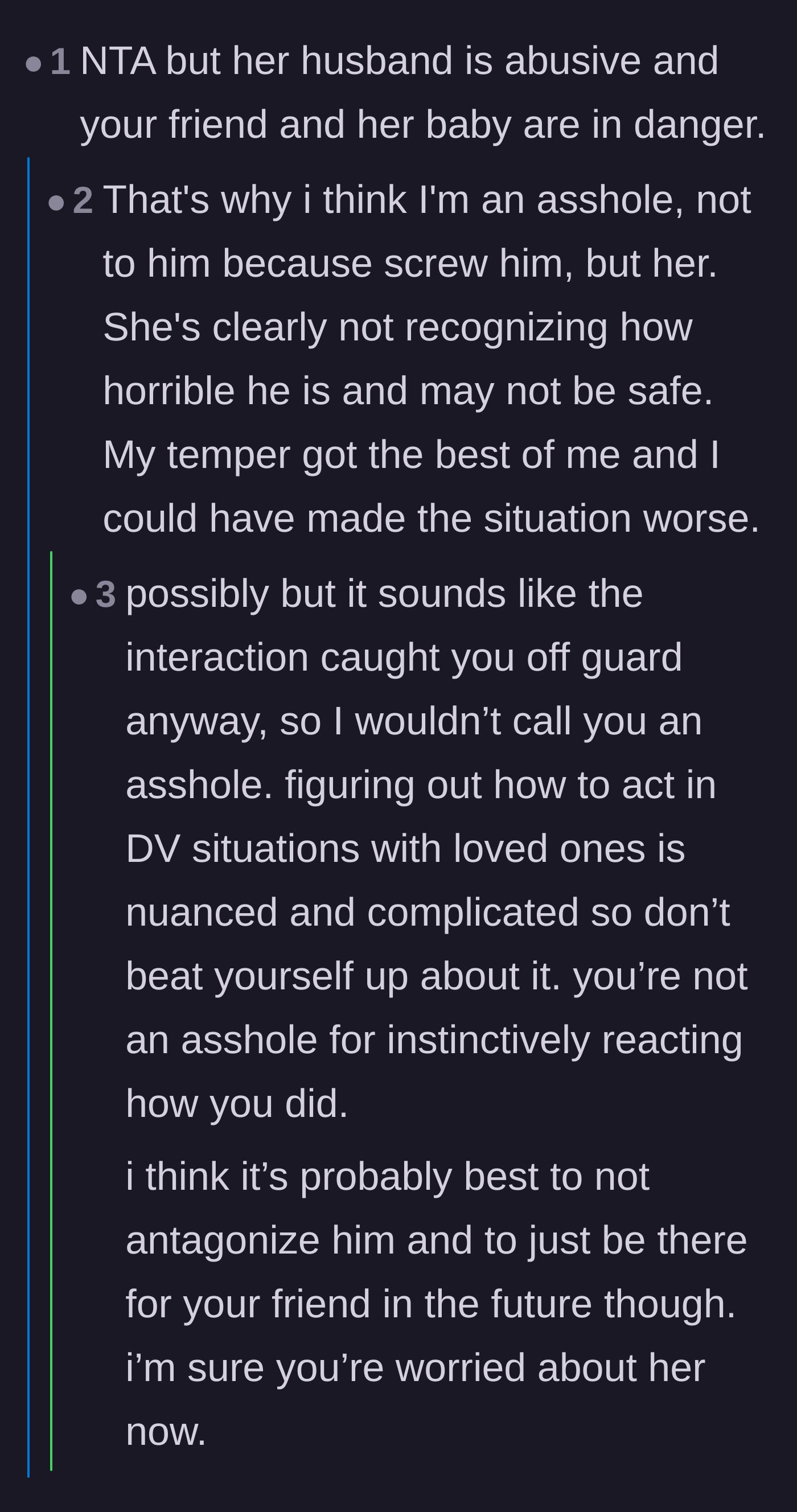 Comment thread 5 - Reassurance for the author who felt guilty about potentially escalating the situation, noting that staying silent only protects the abuser.
