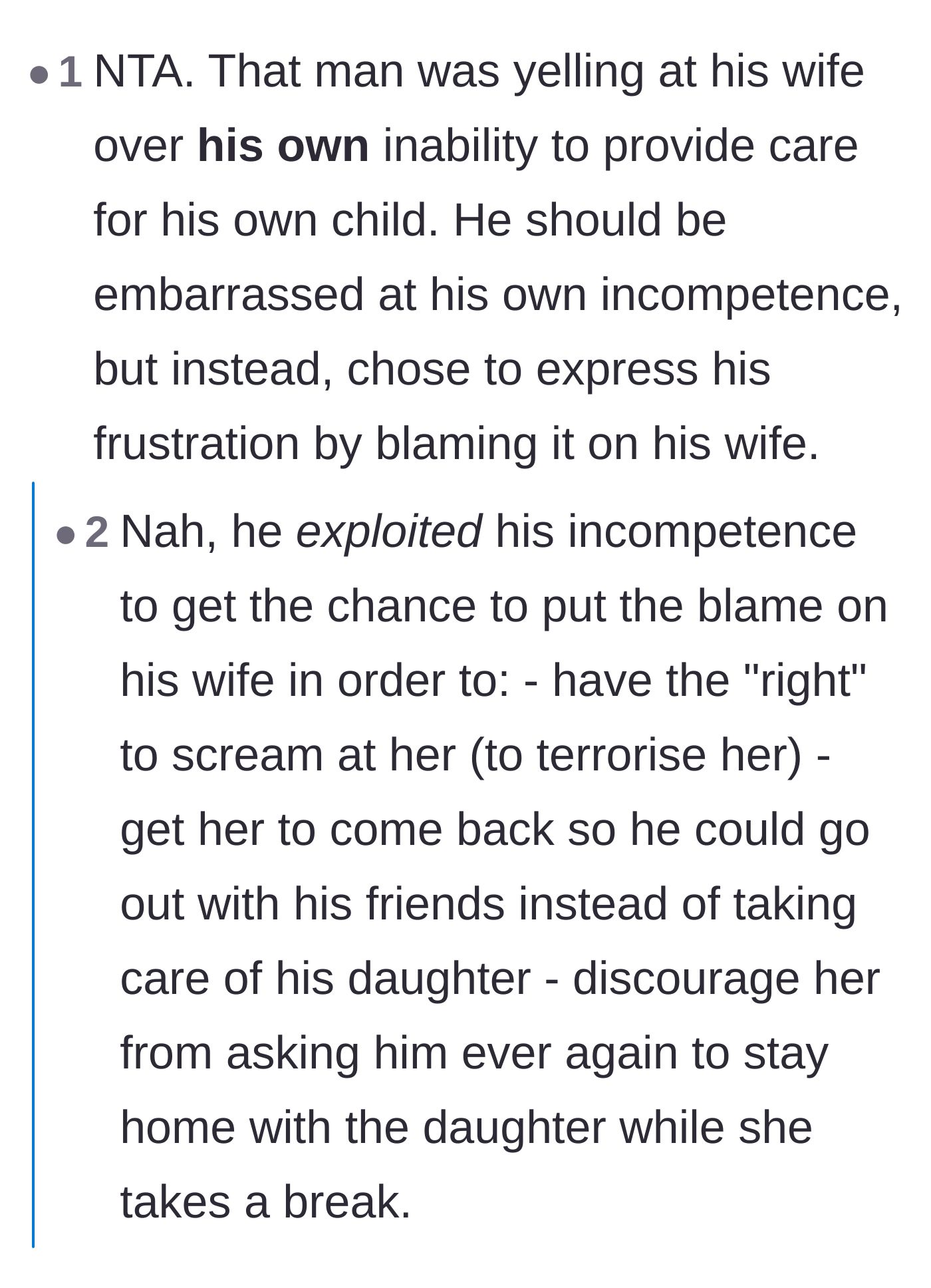 Comment thread 6 - Readers roast the husband for using his own parental failures as an excuse to terrorize his wife.