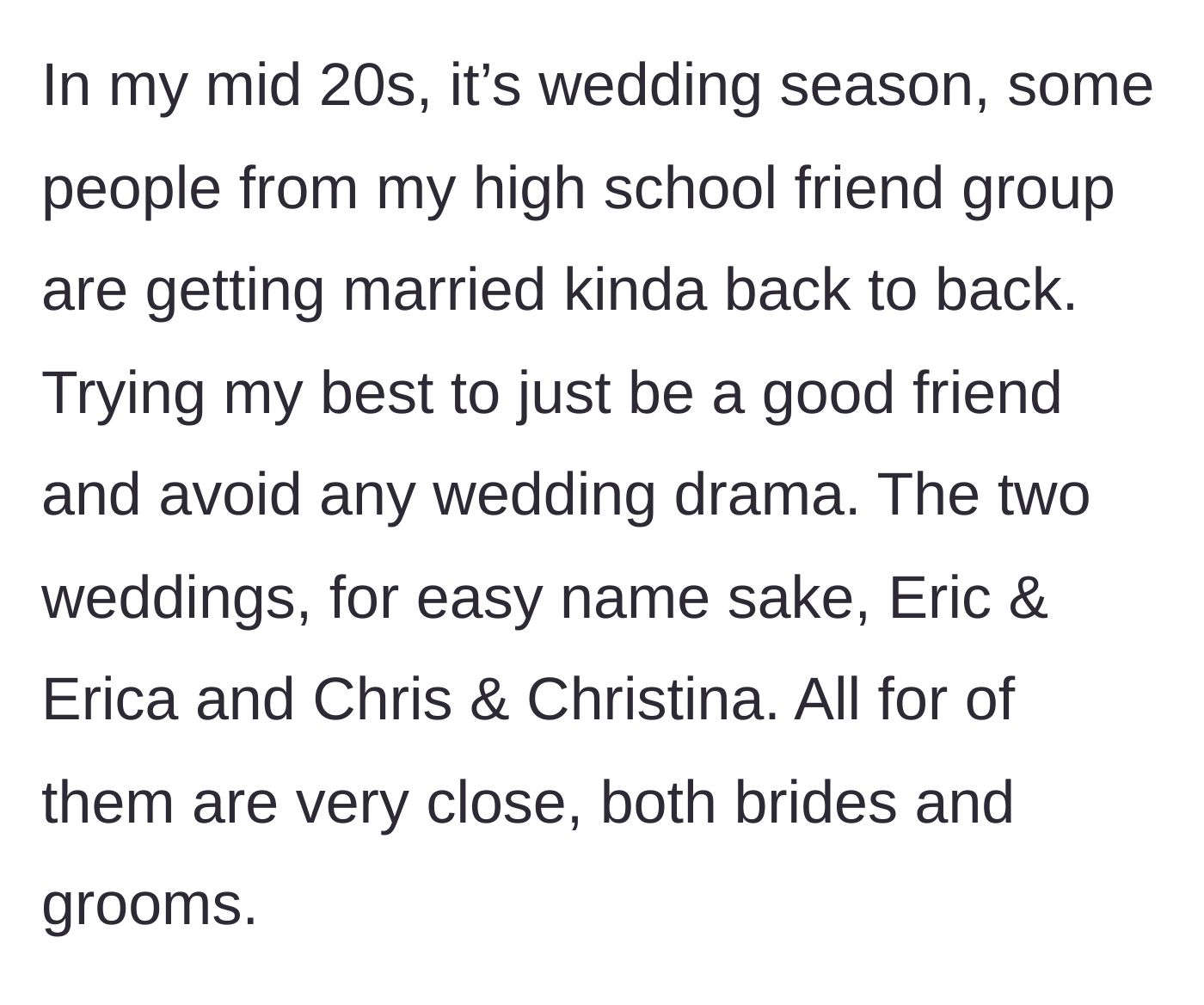 Story part 1 - Two happy couples standing together in wedding attire, unaware of the impending drama.