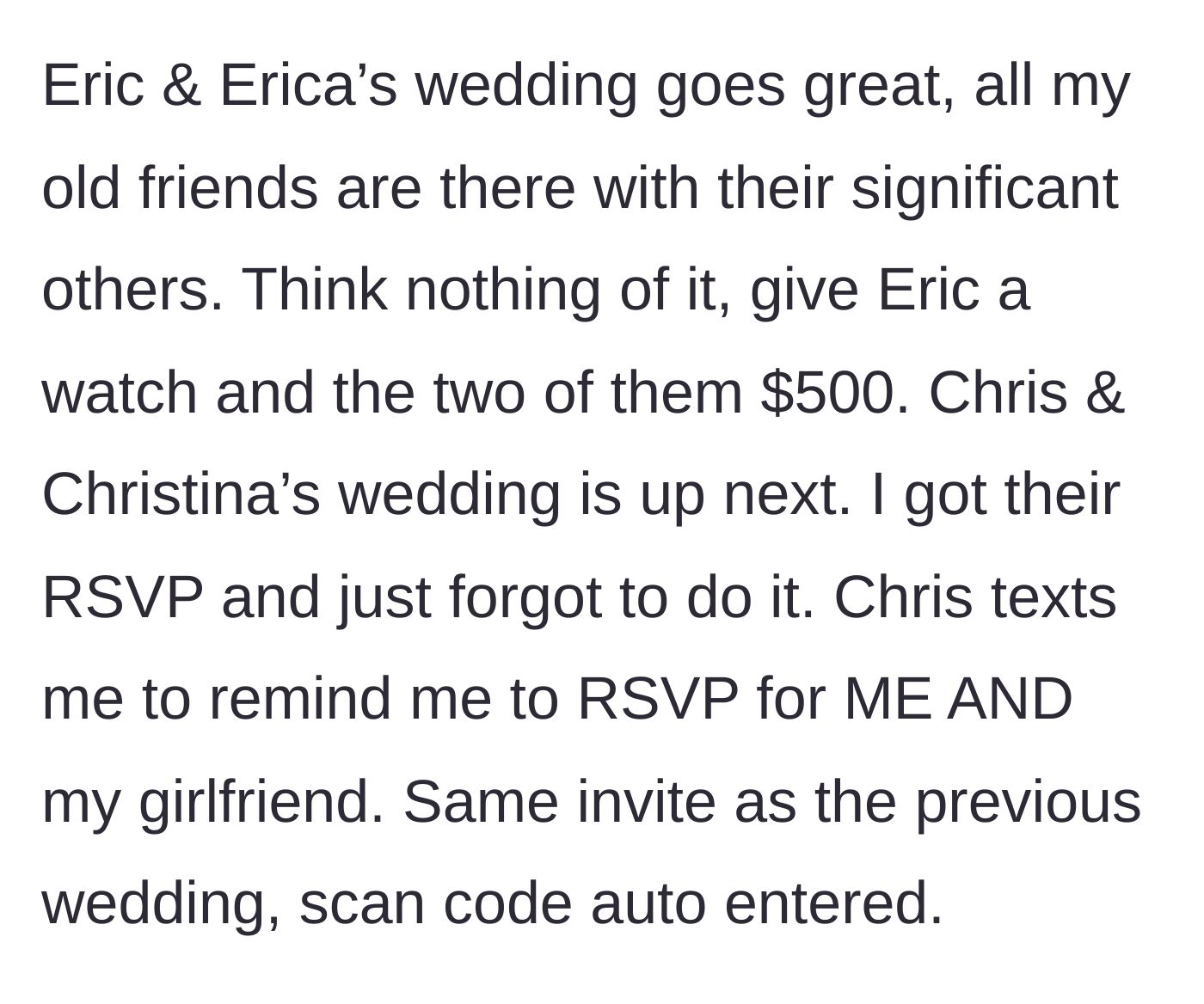 Story part 3 - A man happily handing over a generous wedding gift envelope at a reception.