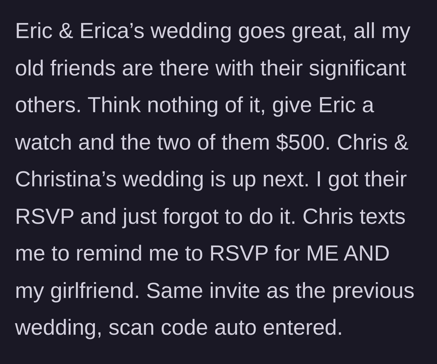 Story part 3 - A man happily handing over a generous wedding gift envelope at a reception.
