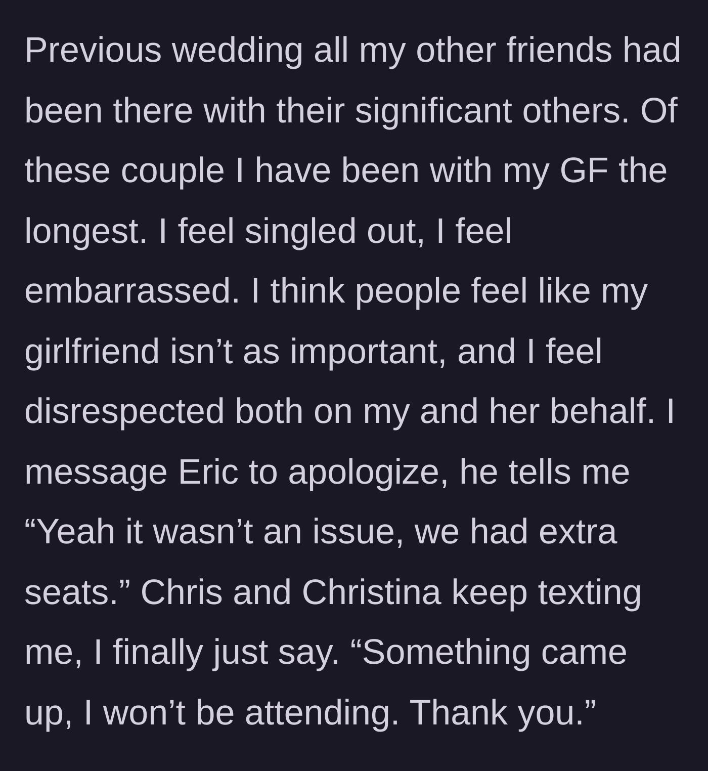 Story part 6 - A man looking isolated and rejected while remembering a room full of couples.