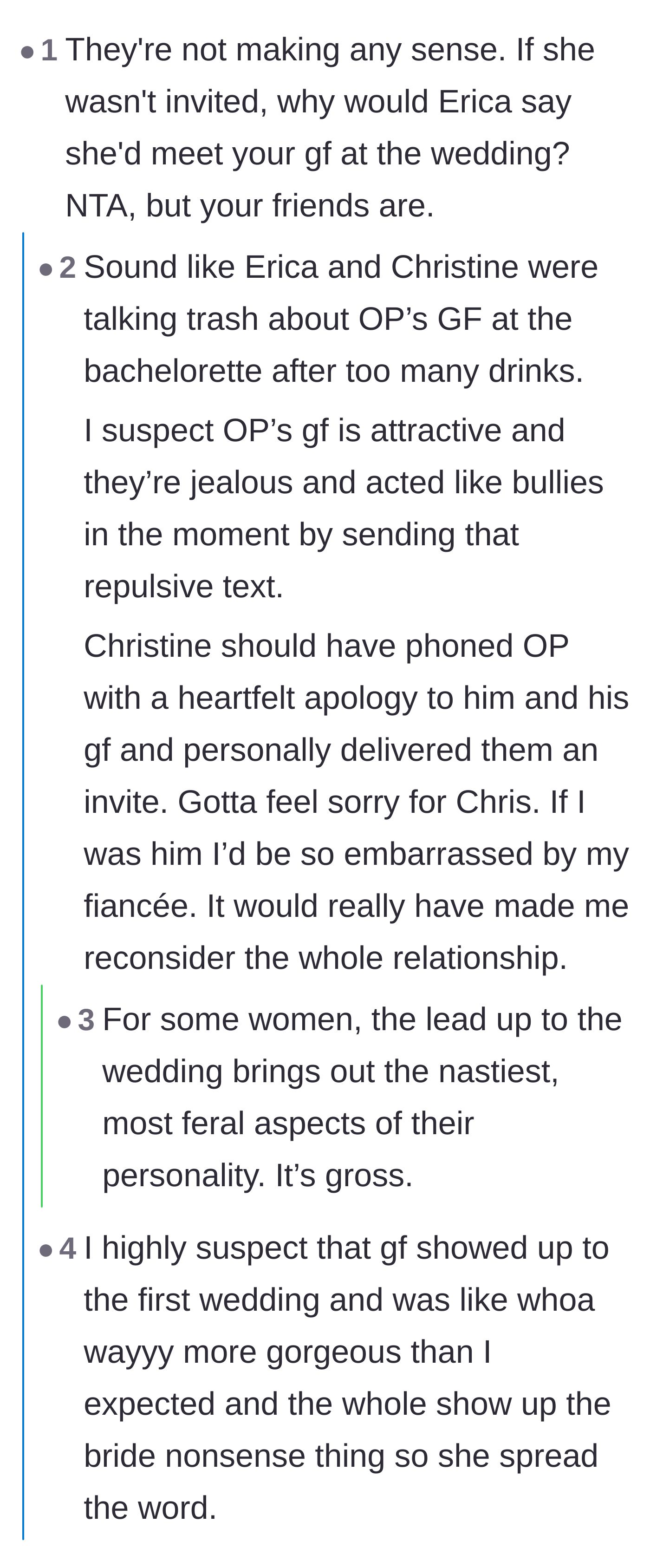 Comment thread 1 - Speculation that the brides were jealous of the girlfriend and gossiping at the bachelorette party.