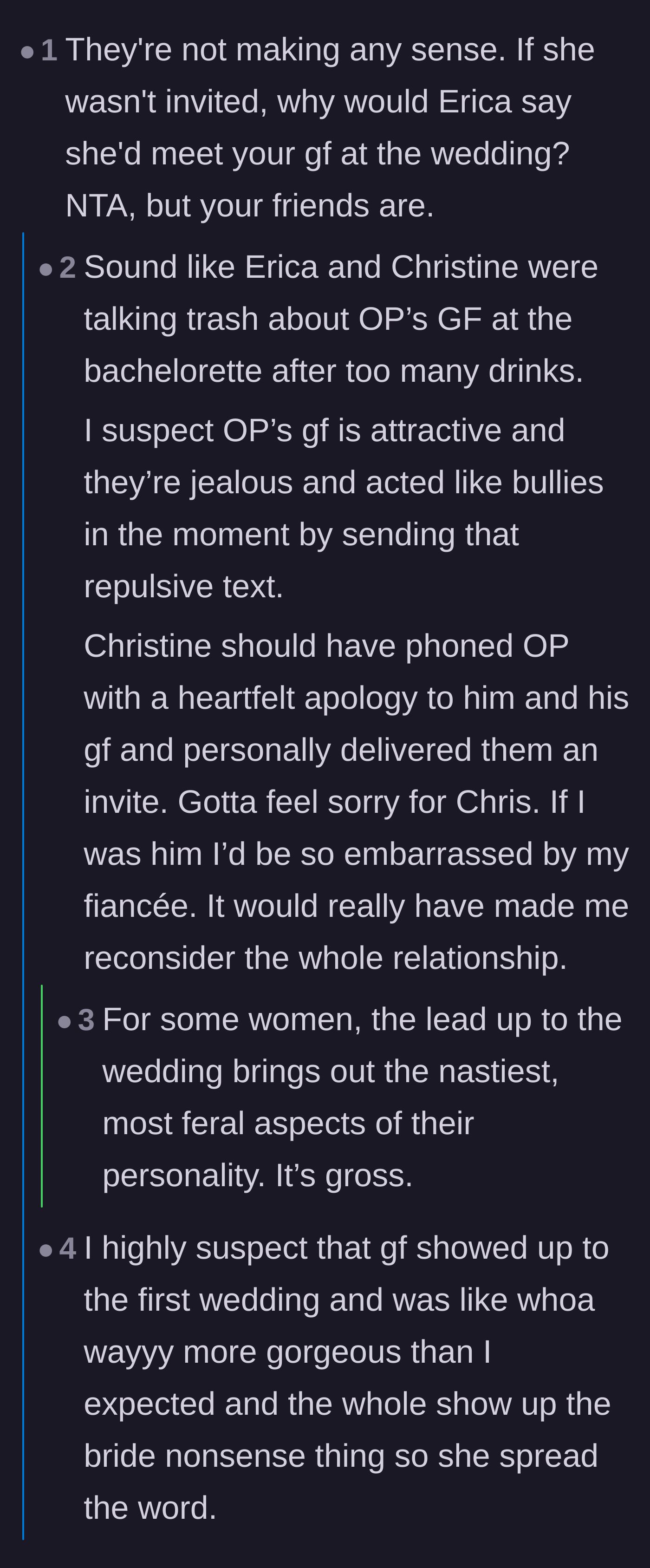 Comment thread 1 - Speculation that the brides were jealous of the girlfriend and gossiping at the bachelorette party.