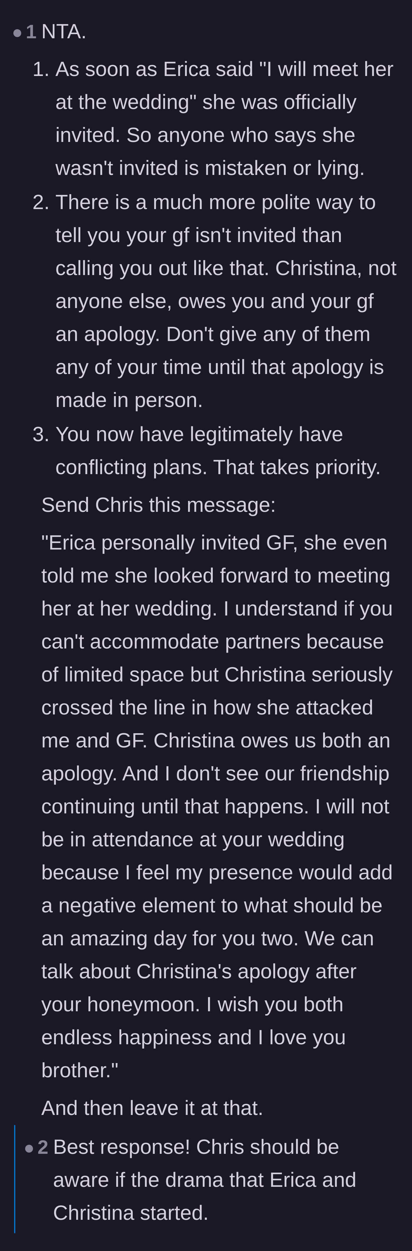 Comment thread 4 - A drafted text message for the groom, laying down strict boundaries and demanding an apology.