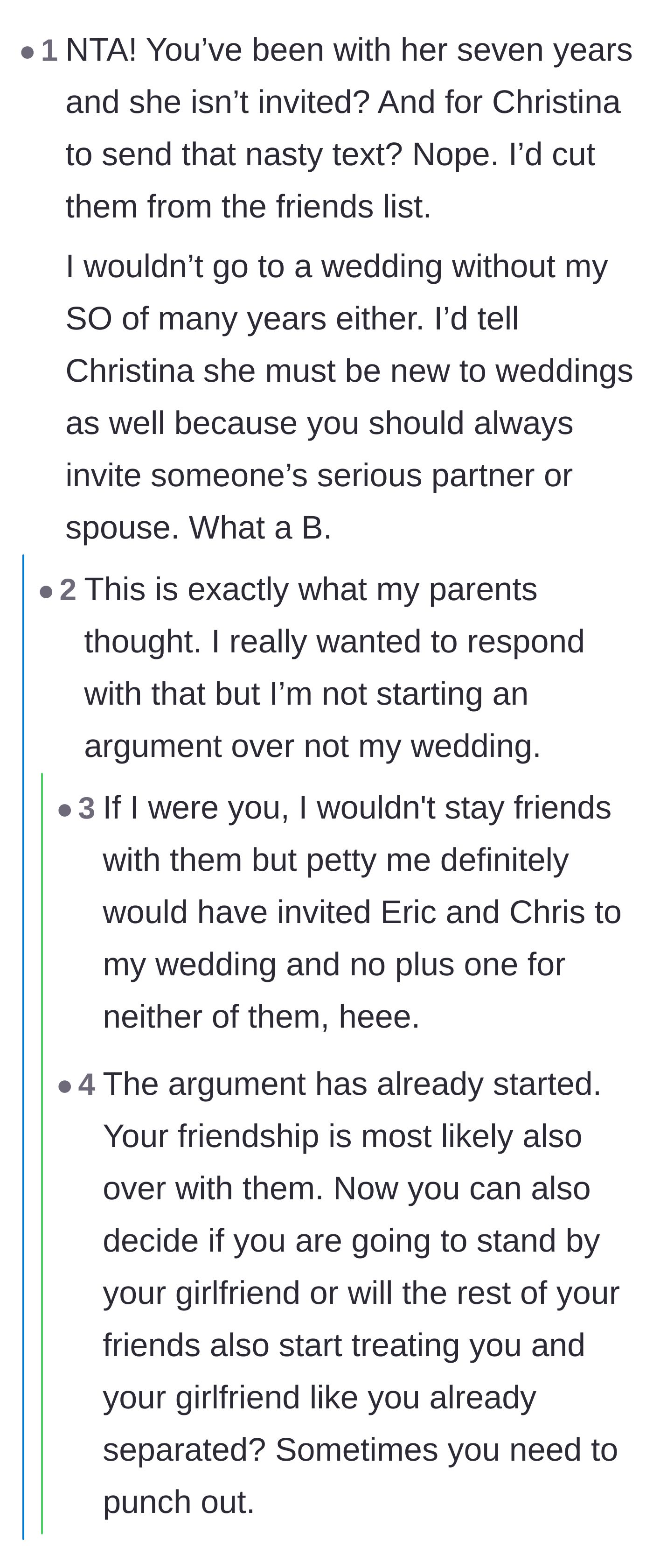 Comment thread 5 - Outrage over the bride's nasty text and agreement to cut the toxic friends out entirely.