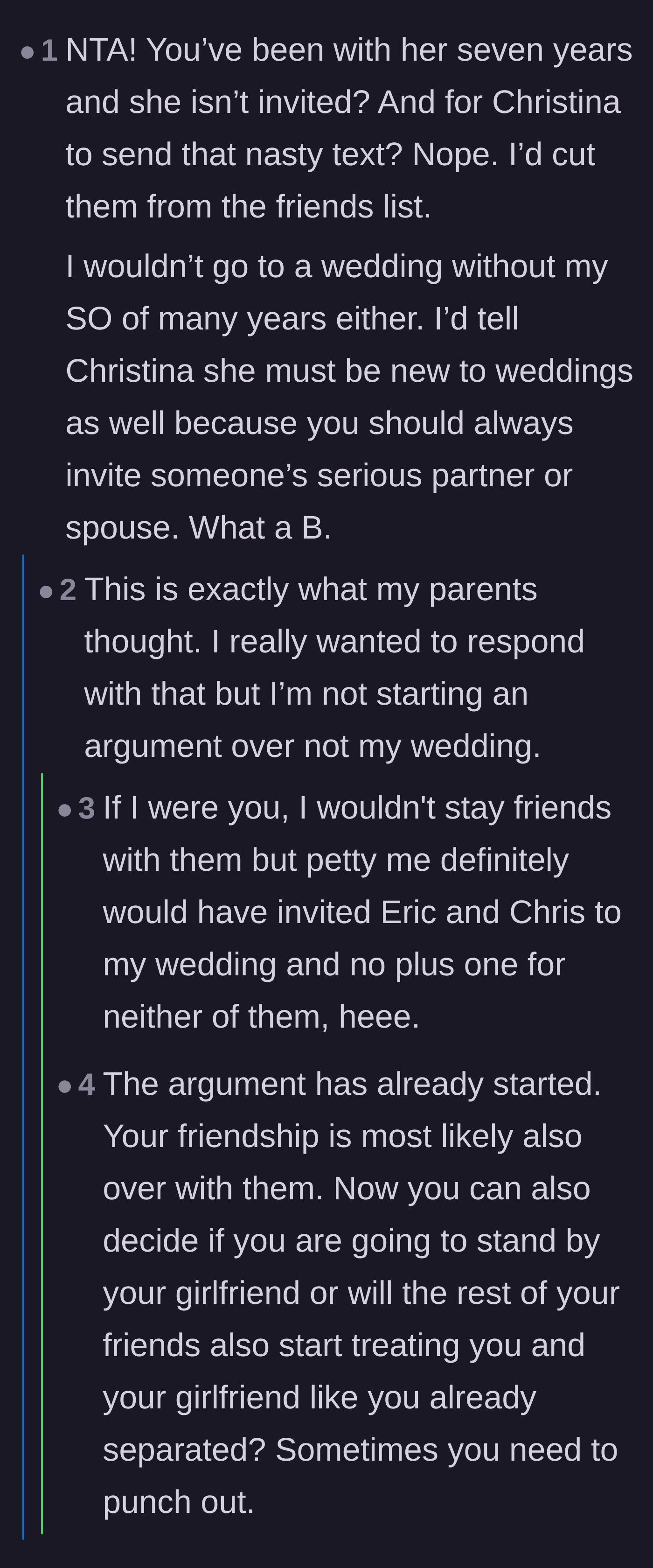 Comment thread 5 - Outrage over the bride's nasty text and agreement to cut the toxic friends out entirely.