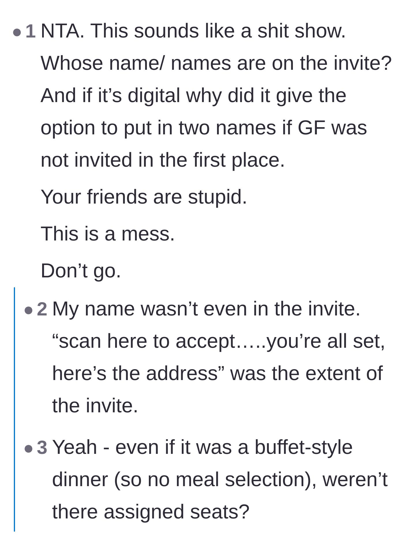 Comment thread 6 - Criticism of the tacky QR code invitations and the messy wedding planning that caused the drama.