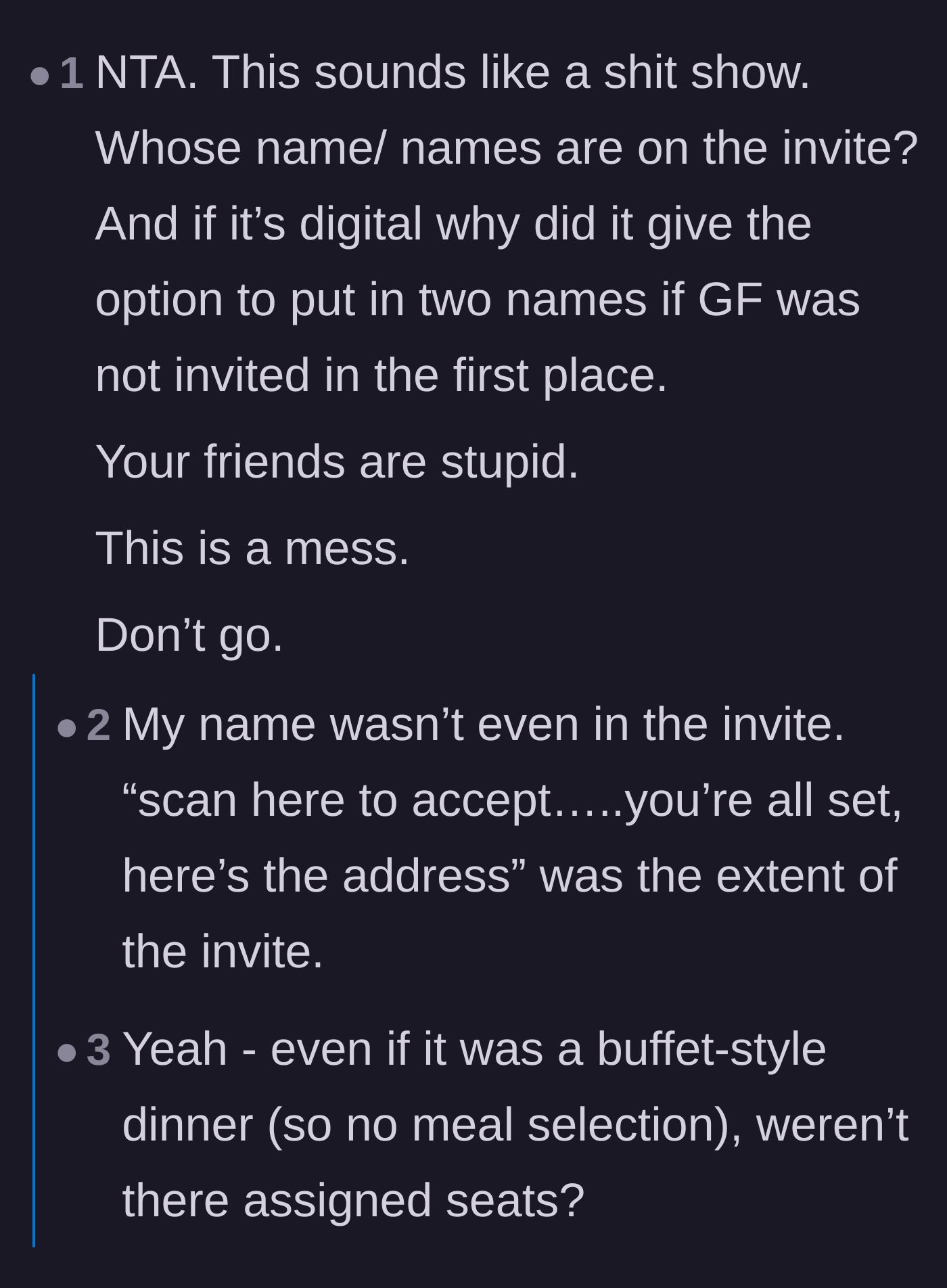 Comment thread 6 - Criticism of the tacky QR code invitations and the messy wedding planning that caused the drama.