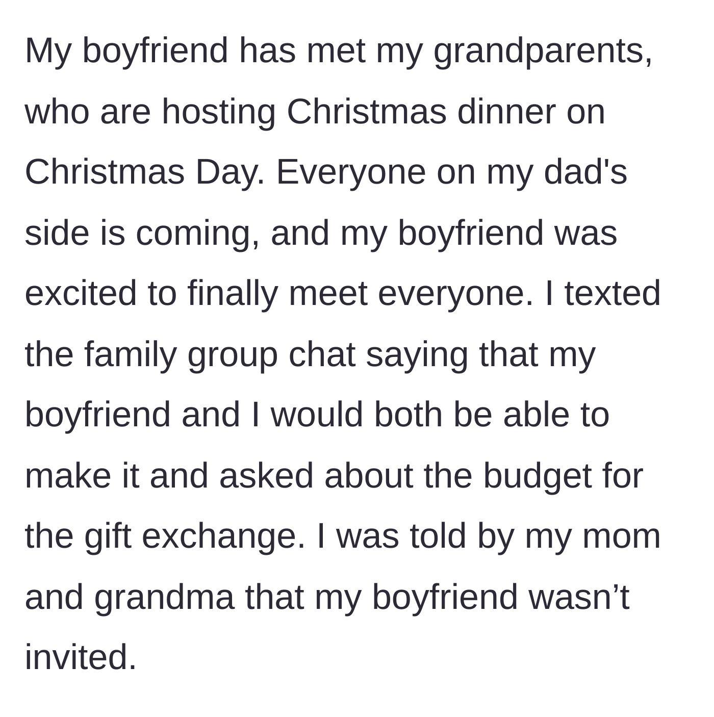 Story part 2 - Girlfriend texts the family group chat about Christmas and gets brutally shut down by her mom and grandma.