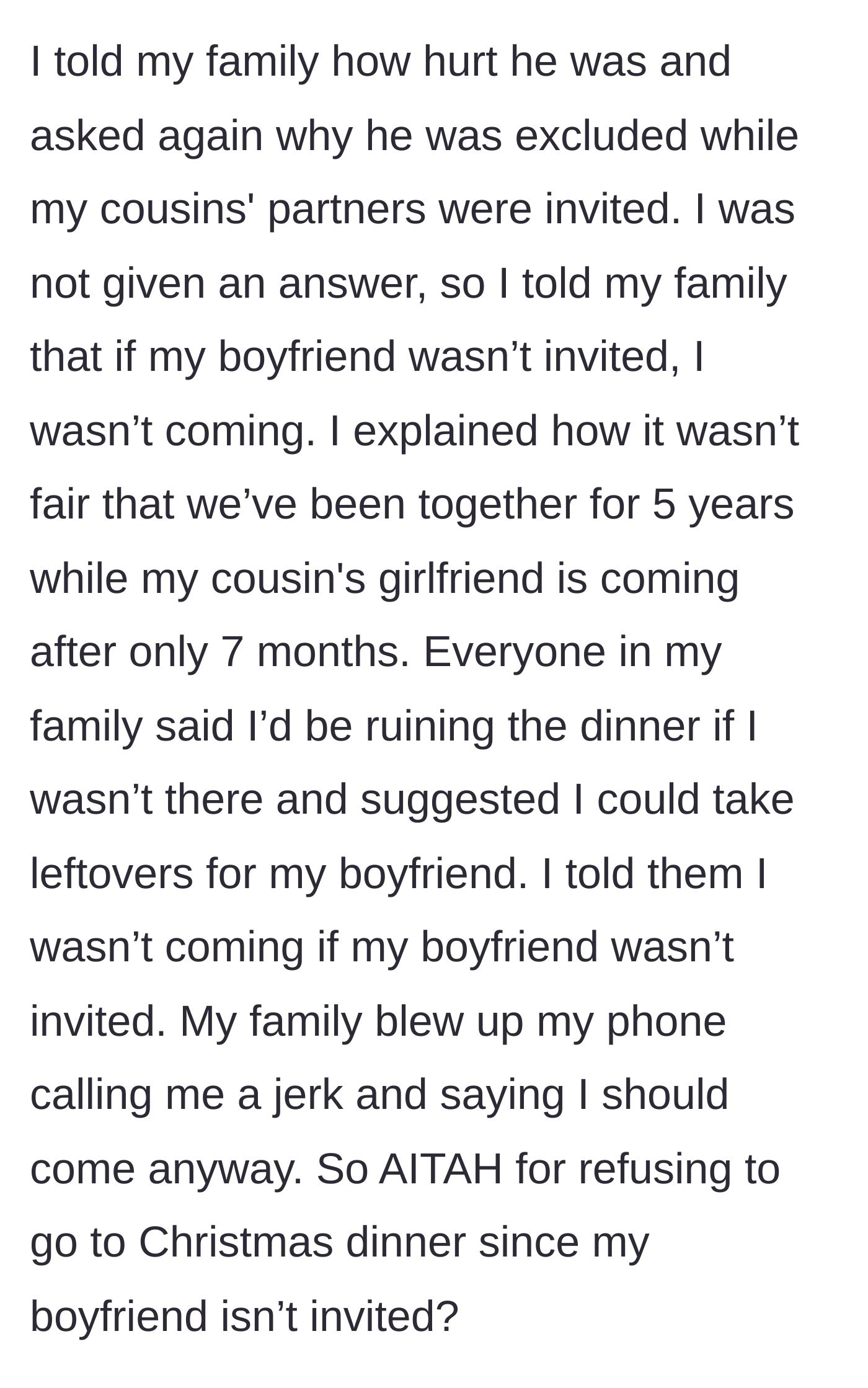 Story part 4 - Girlfriend sets a hard boundary, refuses to attend, and the family throws a tantrum and offers him leftovers.