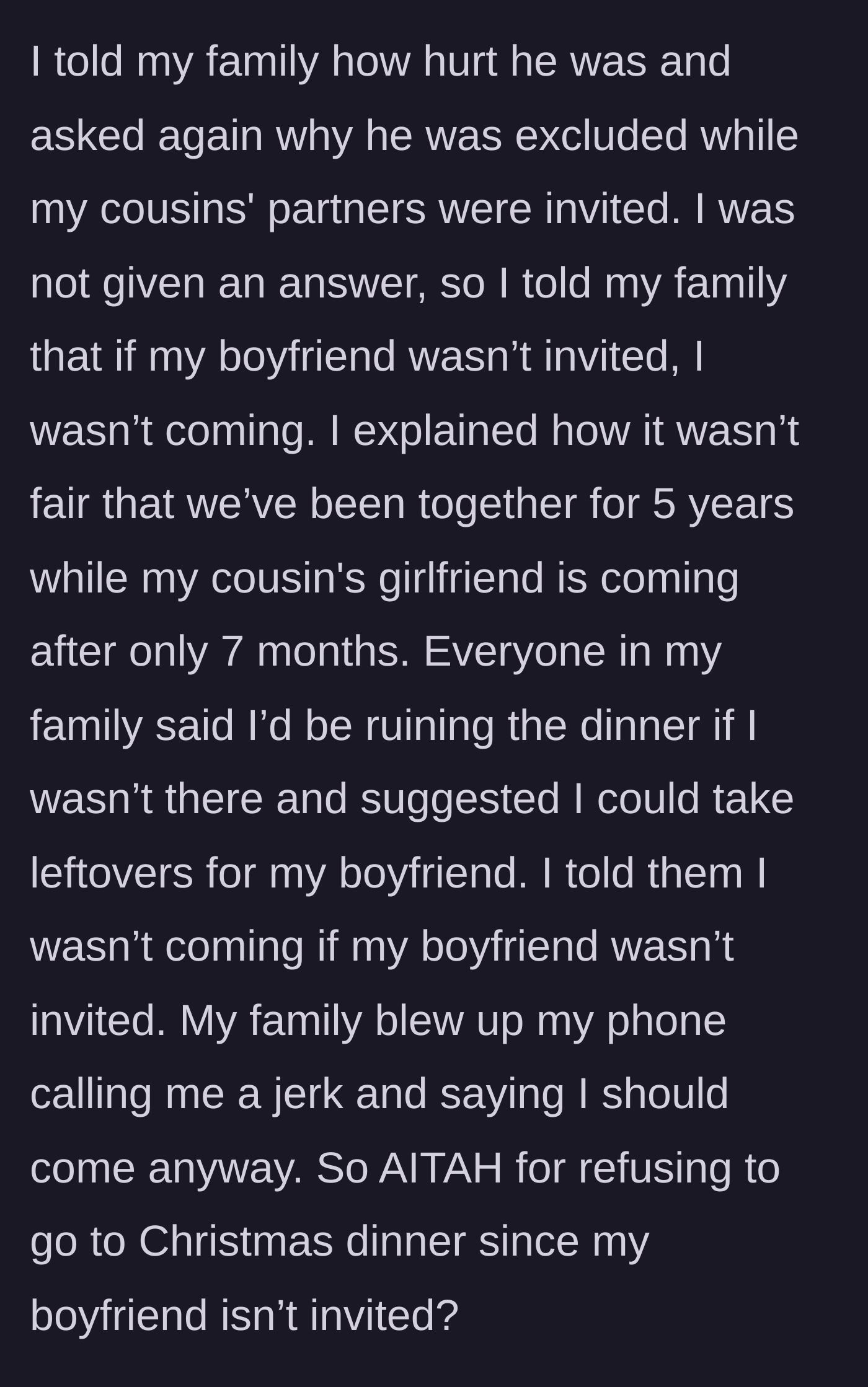 Story part 4 - Girlfriend sets a hard boundary, refuses to attend, and the family throws a tantrum and offers him leftovers.