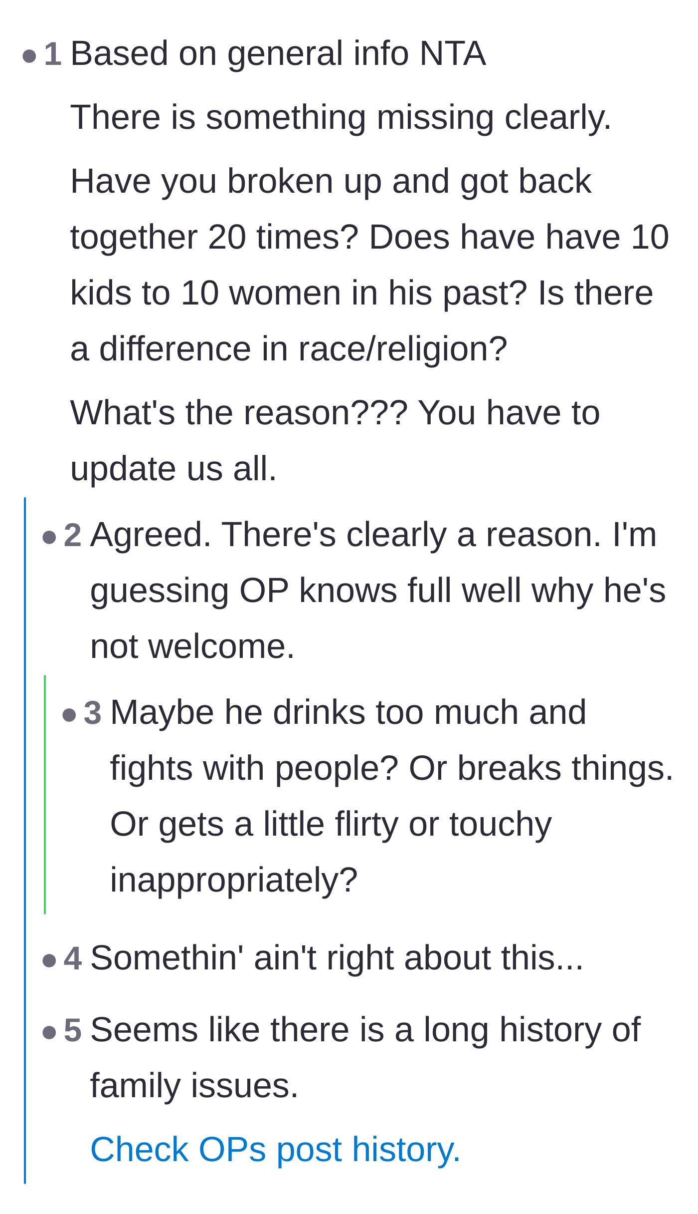 Comment thread 1 - Readers immediately suspect the author is hiding something and dig into her deleted post history.