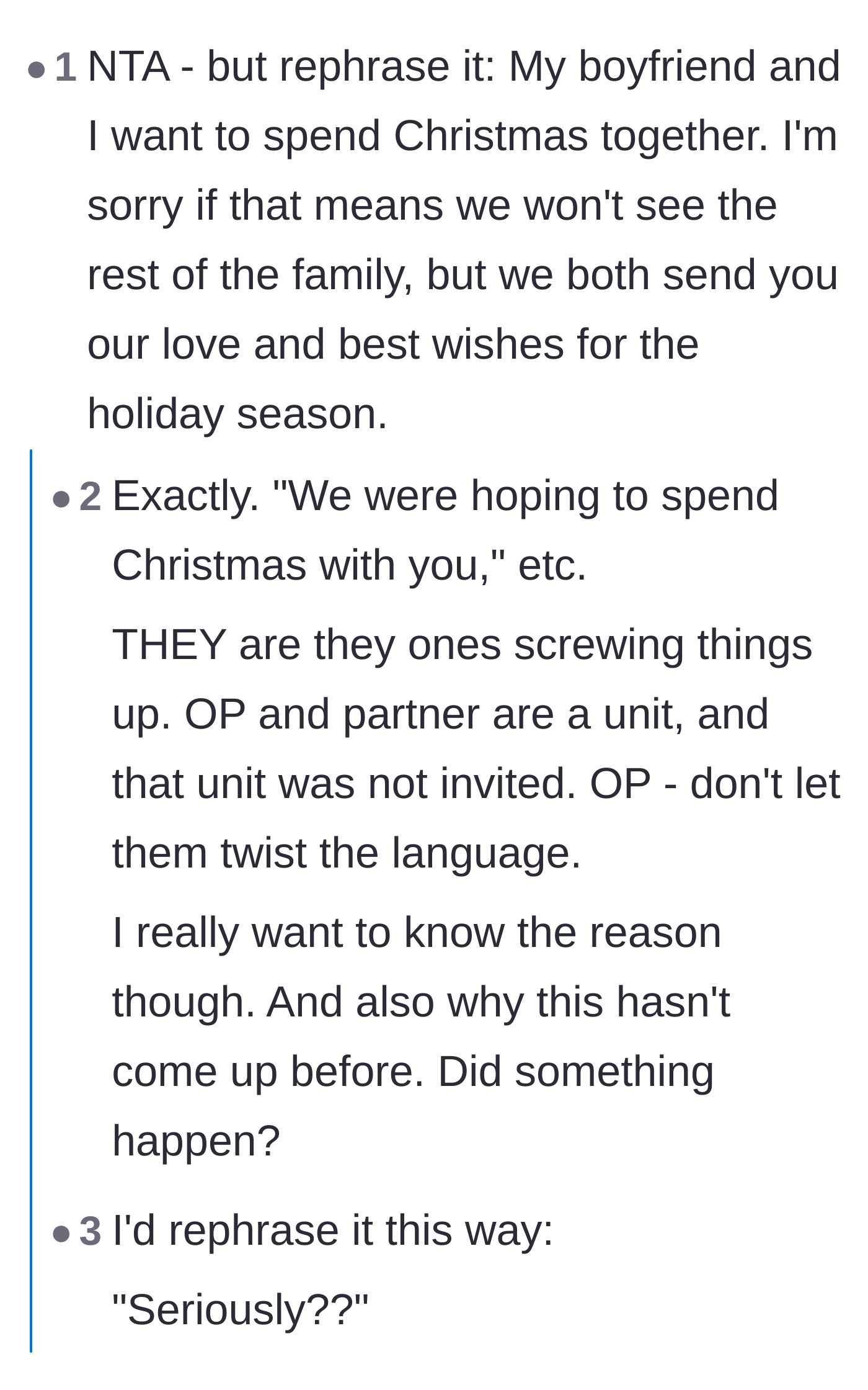 Comment thread 2 - A user suggests politely reframing the text message to show the couple is a package deal.