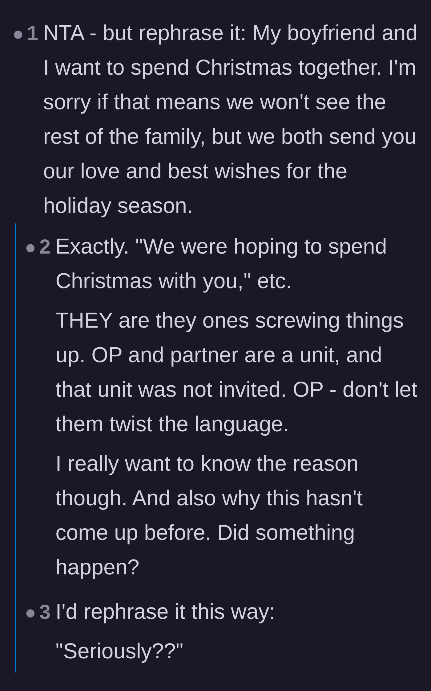 Comment thread 2 - A user suggests politely reframing the text message to show the couple is a package deal.