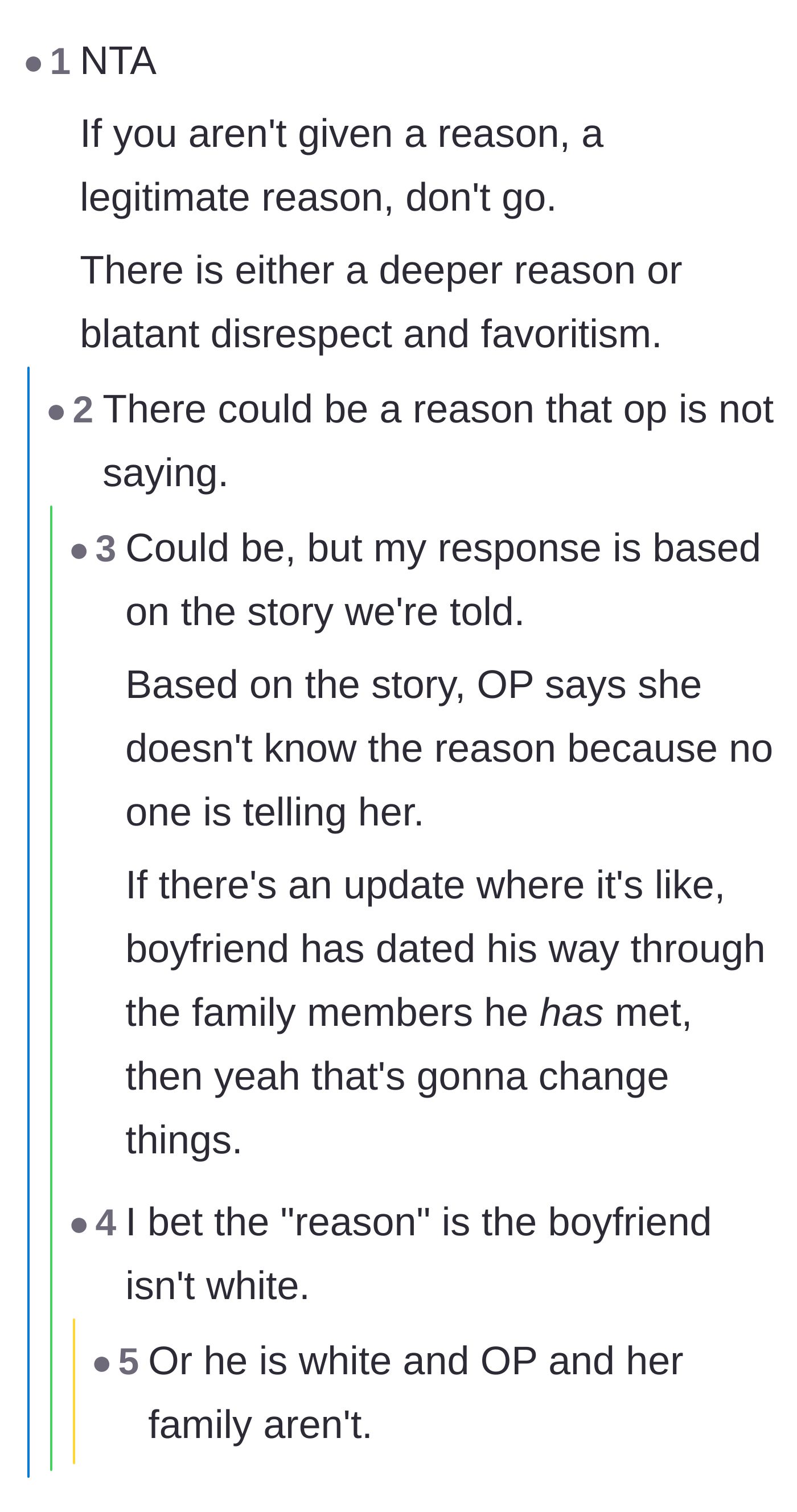 Comment thread 4 - Commenters debate if there is a deeper, hidden reason behind the family's sudden exclusion.