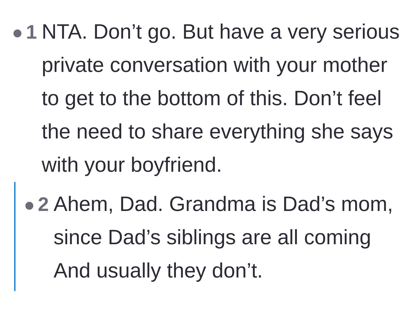 Comment thread 5 - Advice to skip the dinner but corner the mom privately for the unfiltered truth.