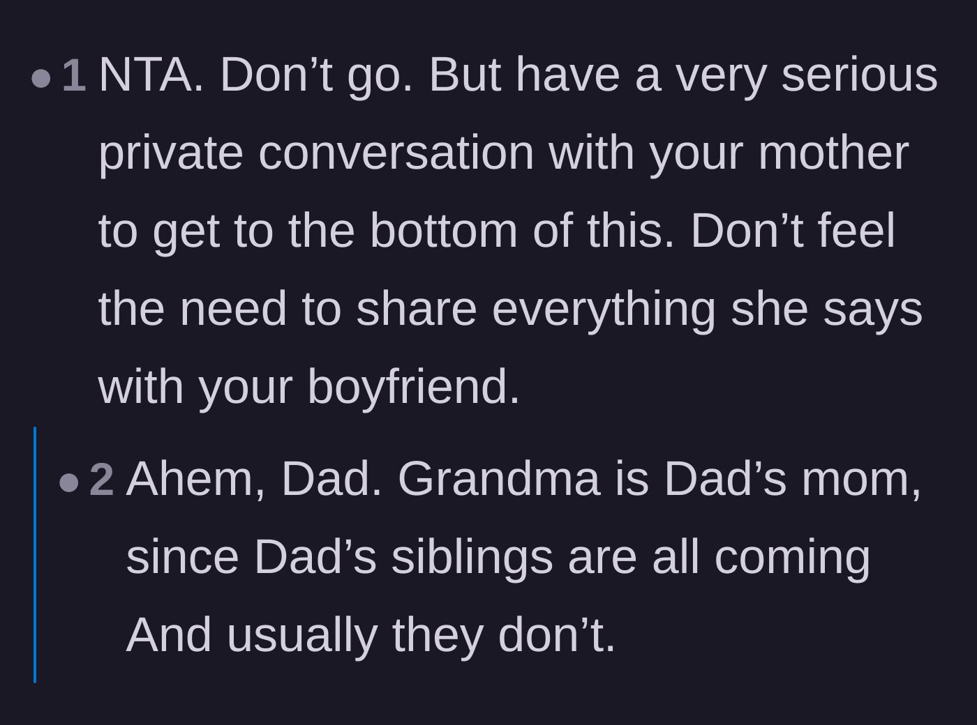 Comment thread 5 - Advice to skip the dinner but corner the mom privately for the unfiltered truth.