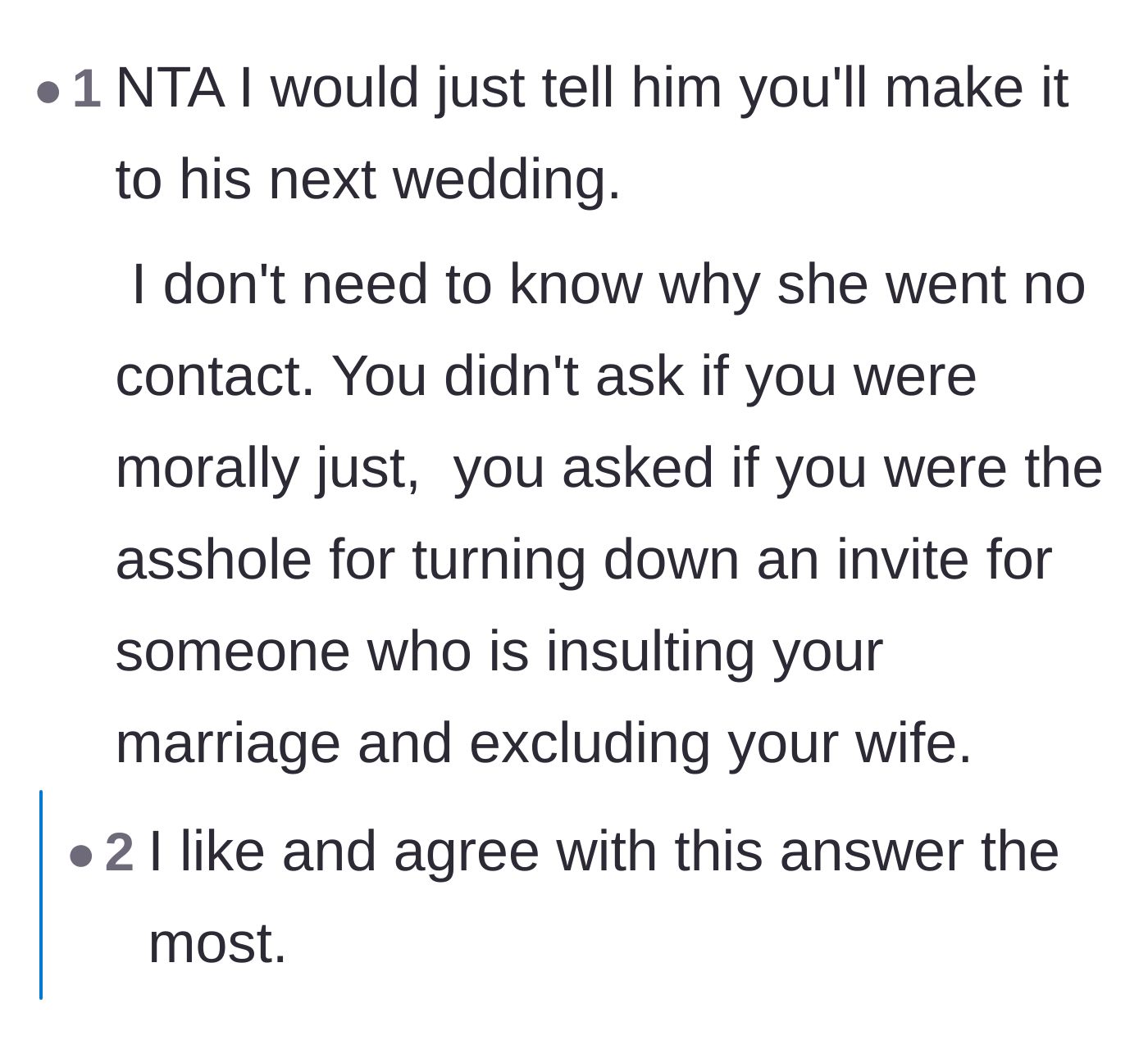 Comment thread 3 - Commenters agree that insulting a marriage is an automatic disqualifier for attendance, suggesting a petty retort.