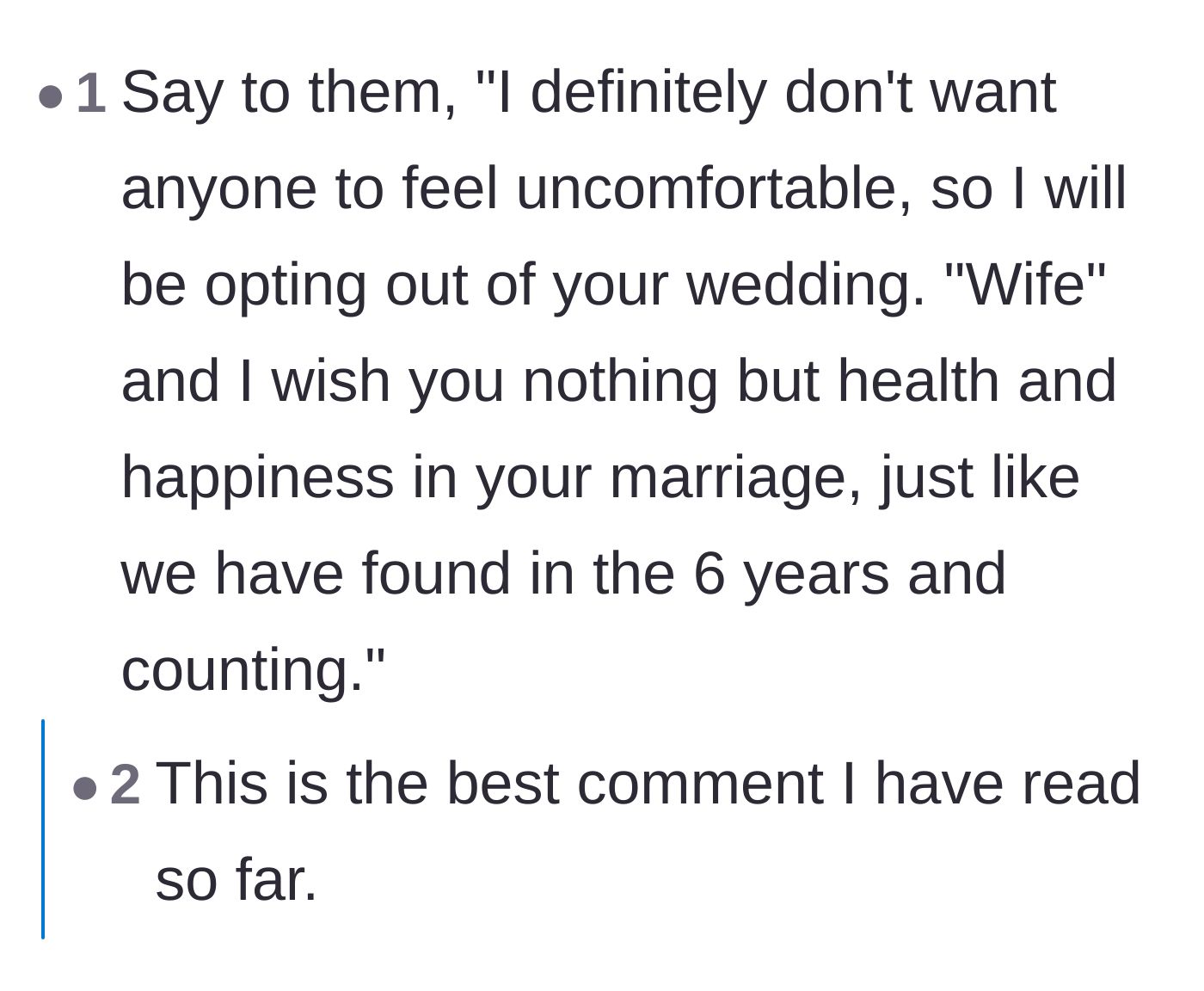 Comment thread 4 - A reader provides a perfectly worded, diplomatic script for withdrawing from the wedding party.