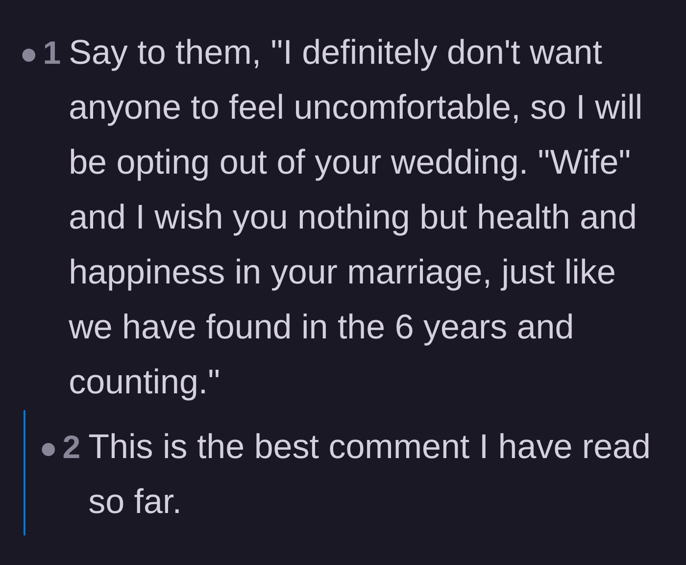 Comment thread 4 - A reader provides a perfectly worded, diplomatic script for withdrawing from the wedding party.