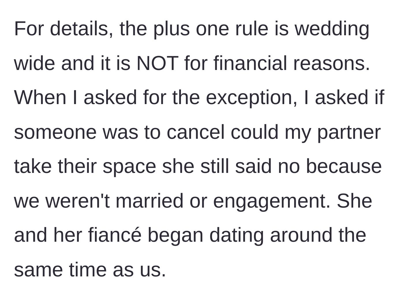 Story part 4 - Clarification that the rule isn't about budget and the wild revelation that both couples started dating at the exact same time.