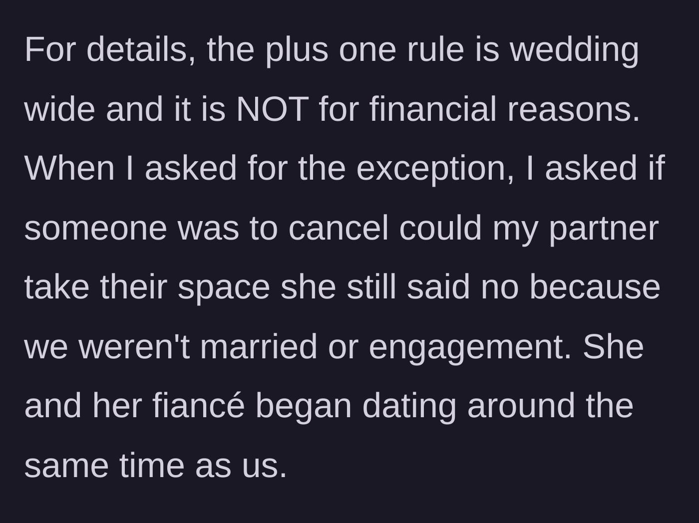 Story part 4 - Clarification that the rule isn't about budget and the wild revelation that both couples started dating at the exact same time.