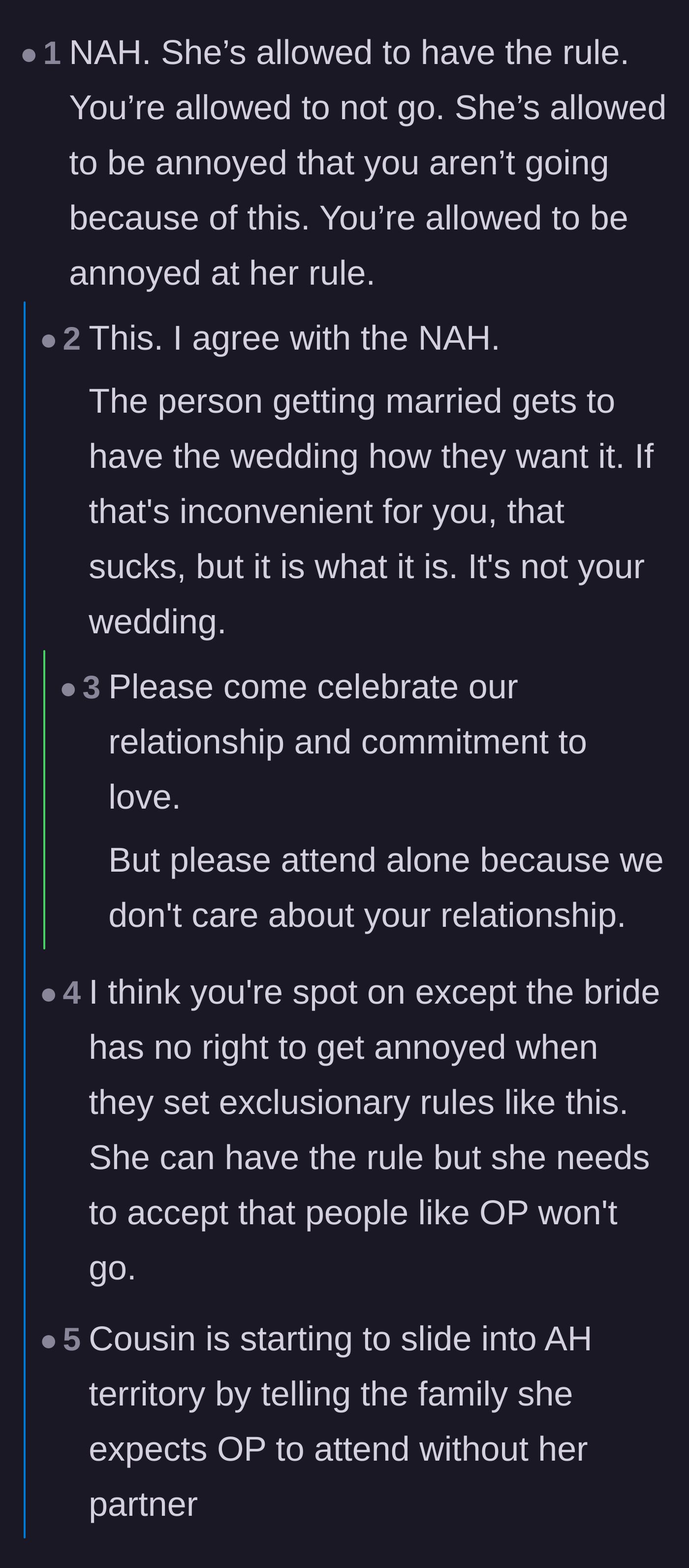 Comment thread 1 - A fierce debate about wedding etiquette, outdated relationship hierarchies, and the bride's audacity to expect attendance.