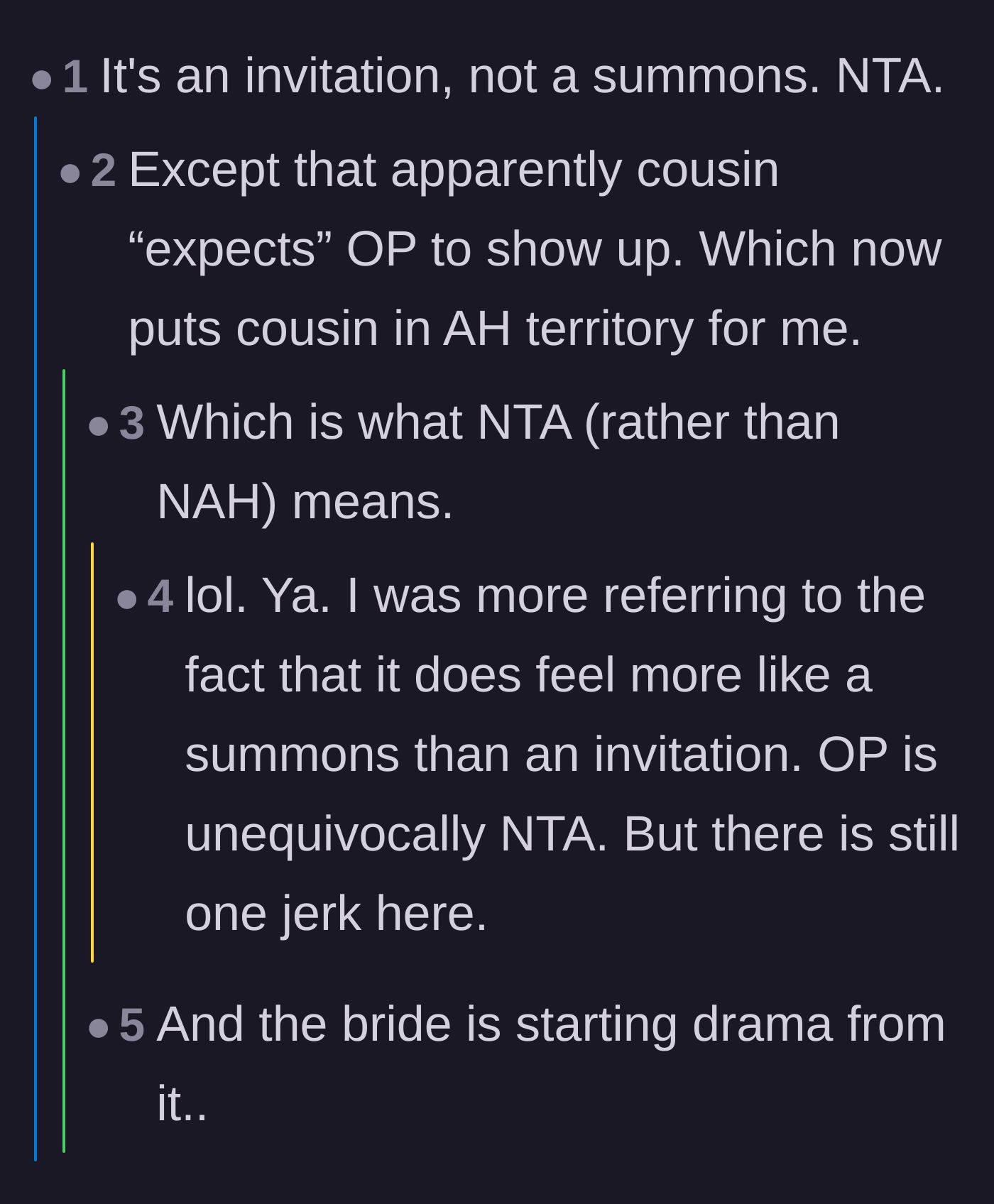 Comment thread 2 - Commenters agreeing that a wedding invitation is not a legal summons and calling out the bride's toxic expectations.