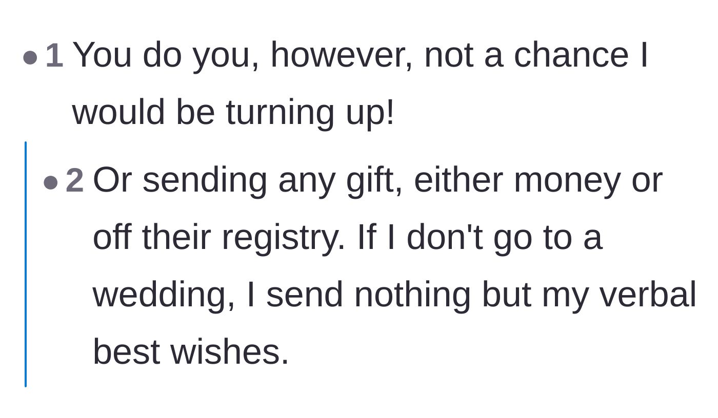 Comment thread 4 - Readers aggressively advising the storyteller to skip the wedding and keep their wallet closed.