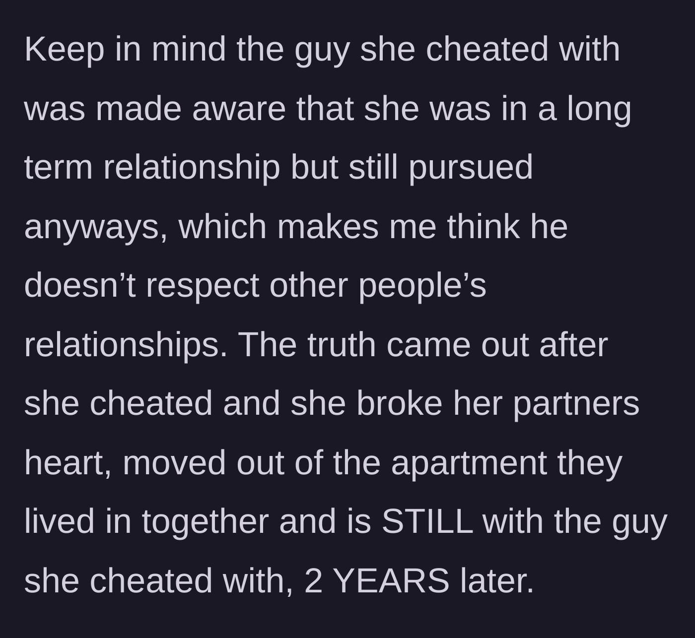 Story part 3 - The sister goes through with the affair, moves in with the young affair partner, and is still with him two years later.