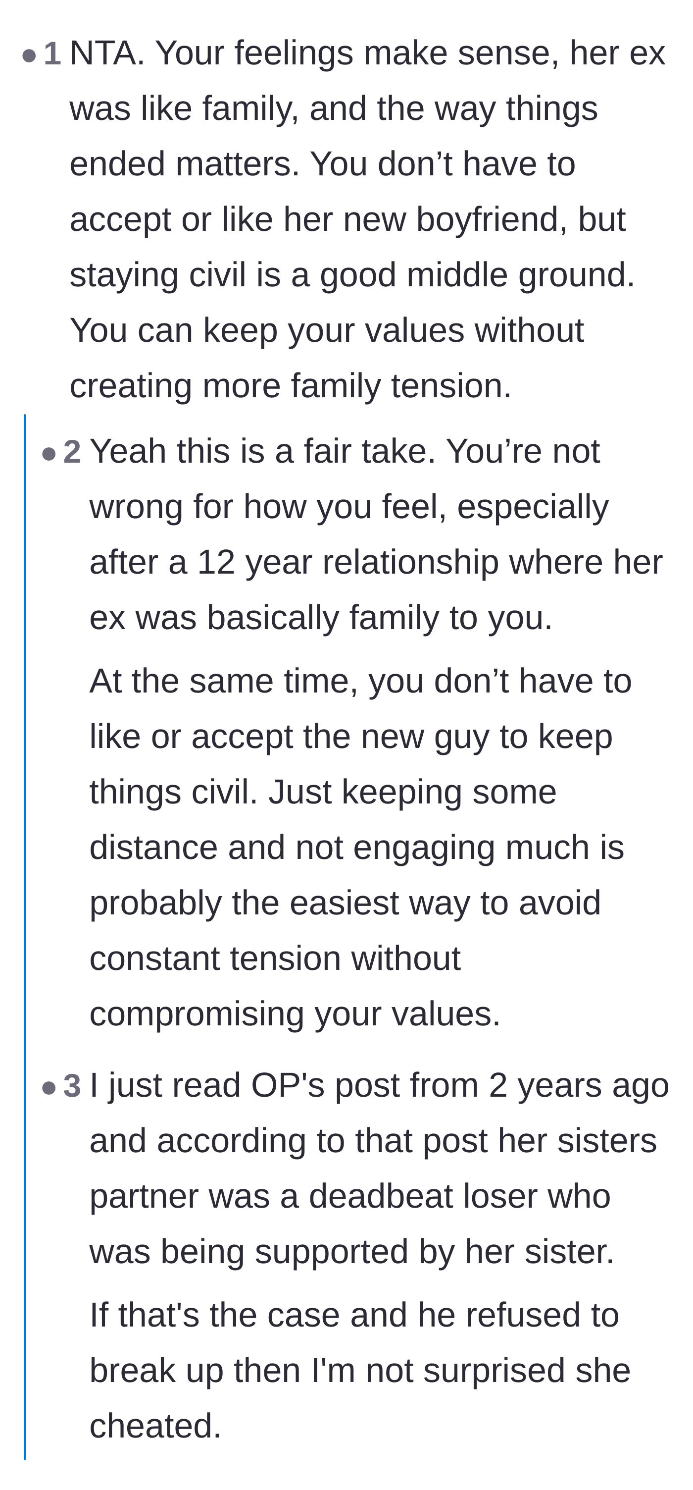 Comment thread 1 - Readers discussing the delicate balance of staying civil with the sister while debating the complexities of how relationships actually end.
