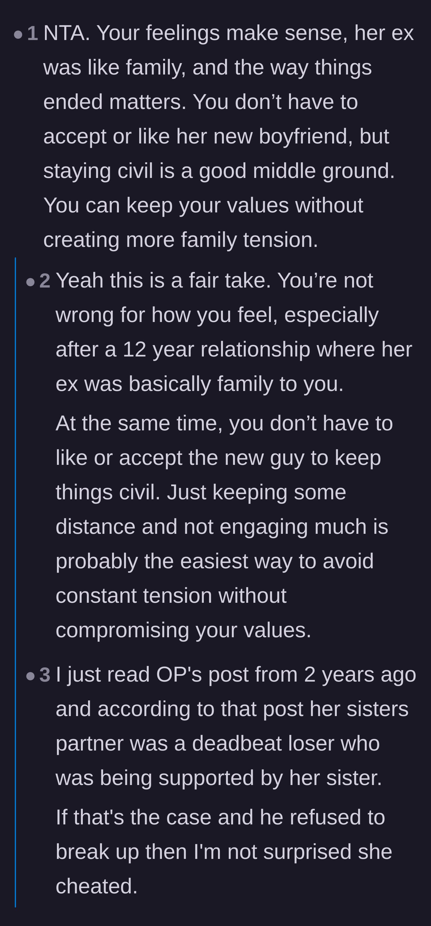 Comment thread 1 - Readers discussing the delicate balance of staying civil with the sister while debating the complexities of how relationships actually end.