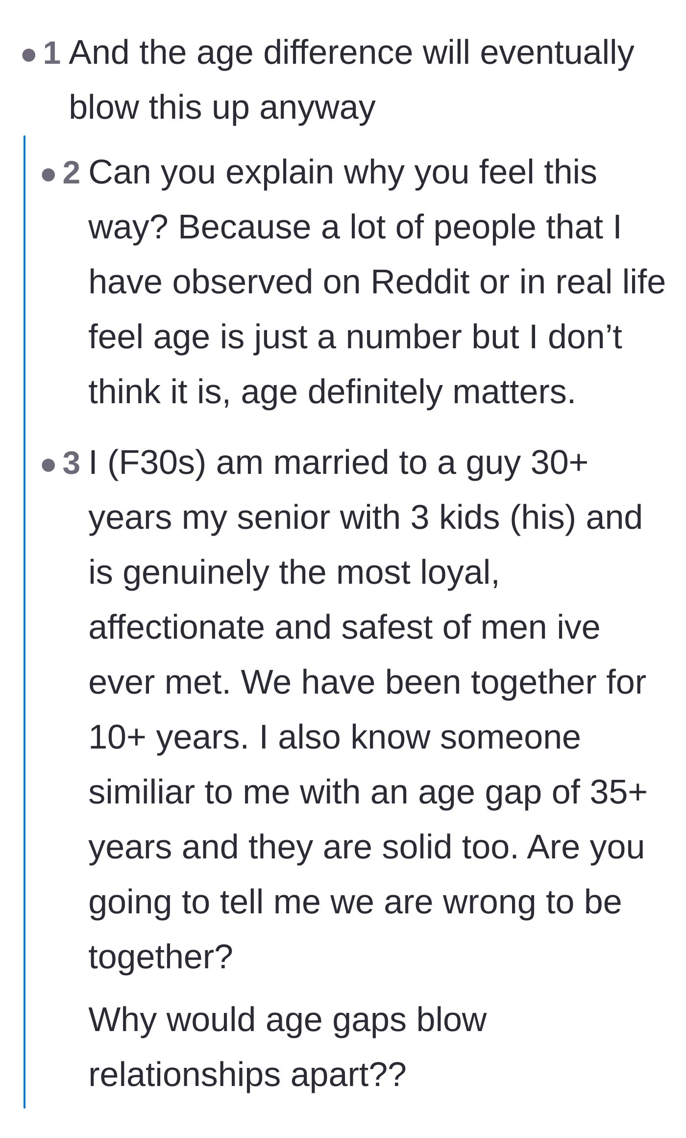 Comment thread 2 - A fierce debate over whether a ten-year age gap dooms a relationship or if maturity is just a number.