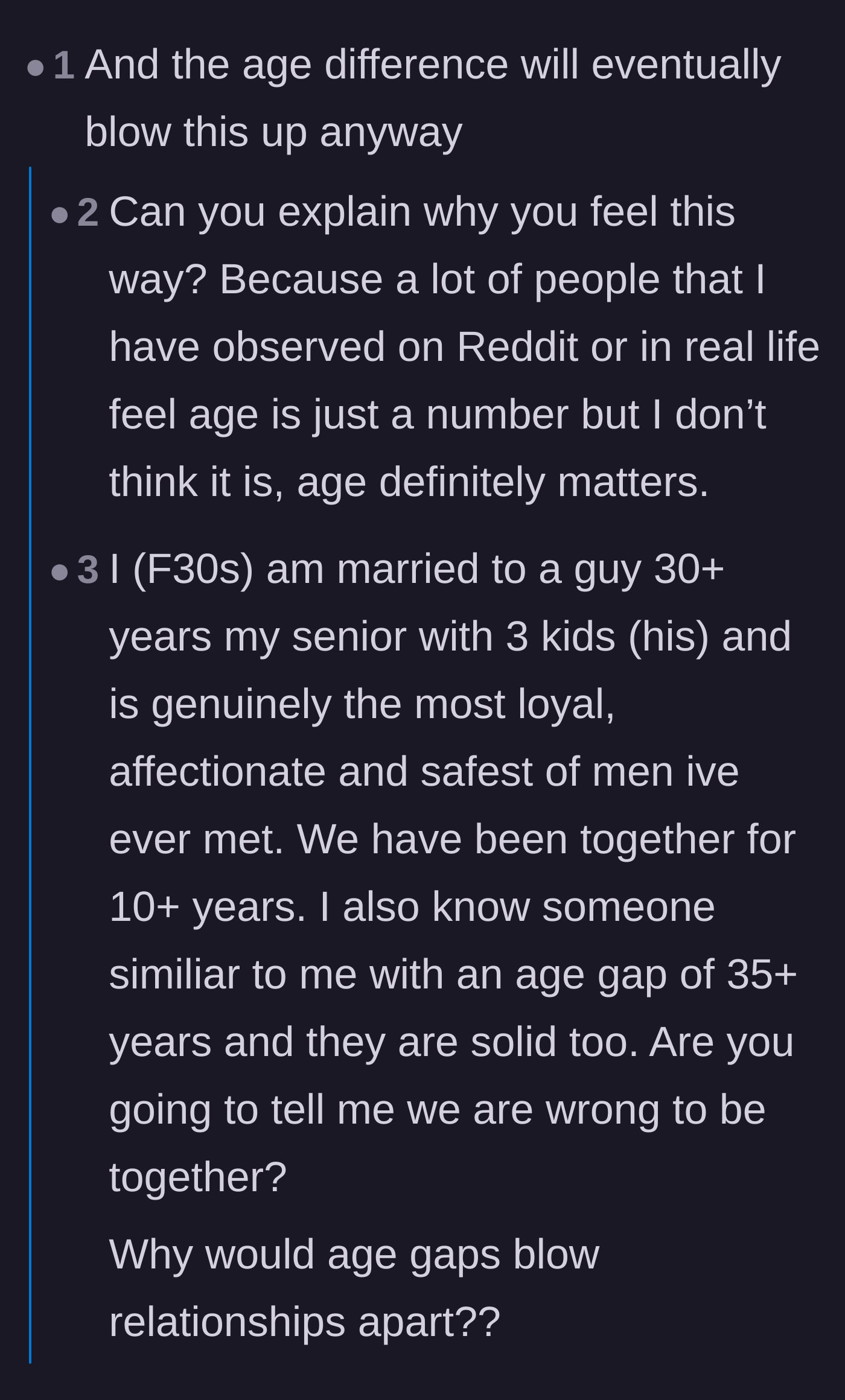 Comment thread 2 - A fierce debate over whether a ten-year age gap dooms a relationship or if maturity is just a number.