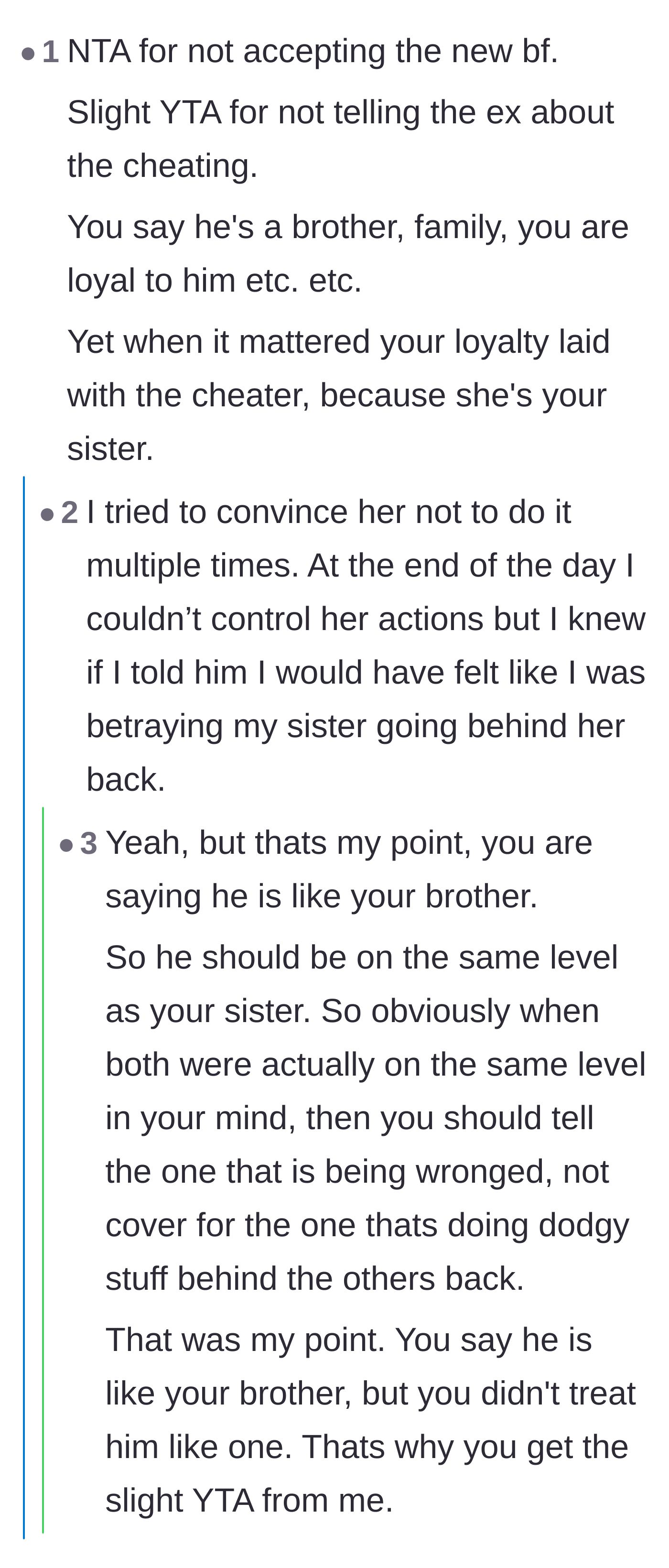 Comment thread 5 - Readers gently calling out the author for protecting her sister's secret instead of warning the ex-boyfriend she viewed as a brother.