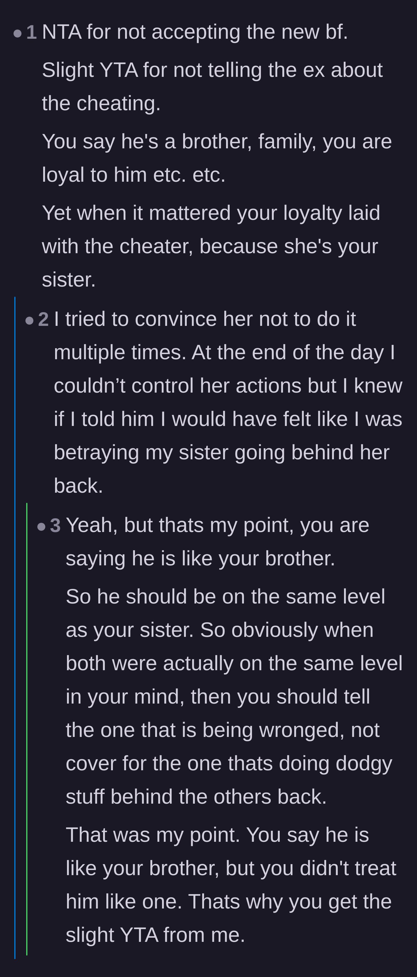 Comment thread 5 - Readers gently calling out the author for protecting her sister's secret instead of warning the ex-boyfriend she viewed as a brother.